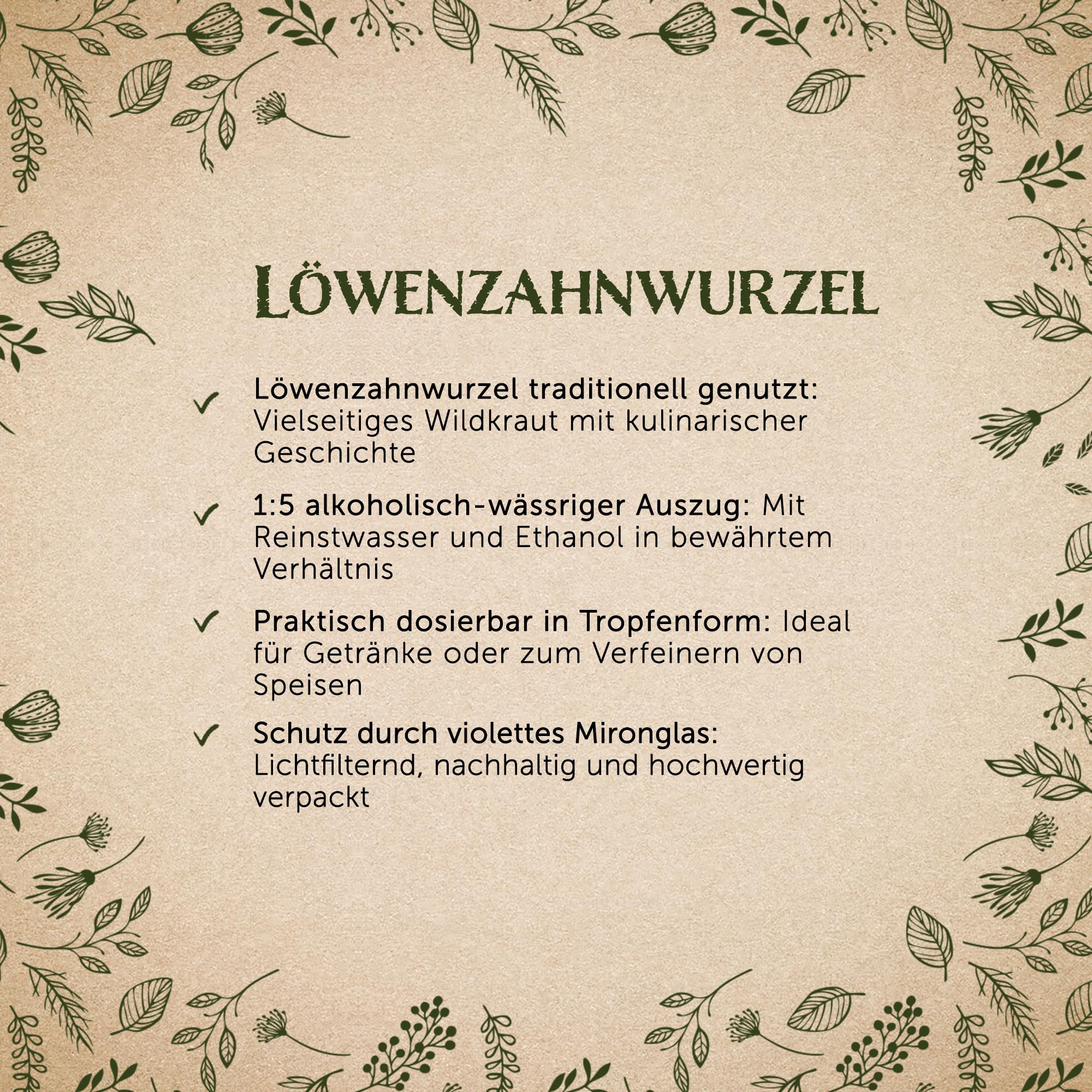 Waldkraft Löwenzahnwurzel-Extrakt | Alkoholisch-wässriger Auszug 1:5 | Traditionelles Wildkraut - Feiner Wurzelextrakt | Ideal zum Würzen von Speisen & Getränken | Vegan | 50 ml im Mironglas