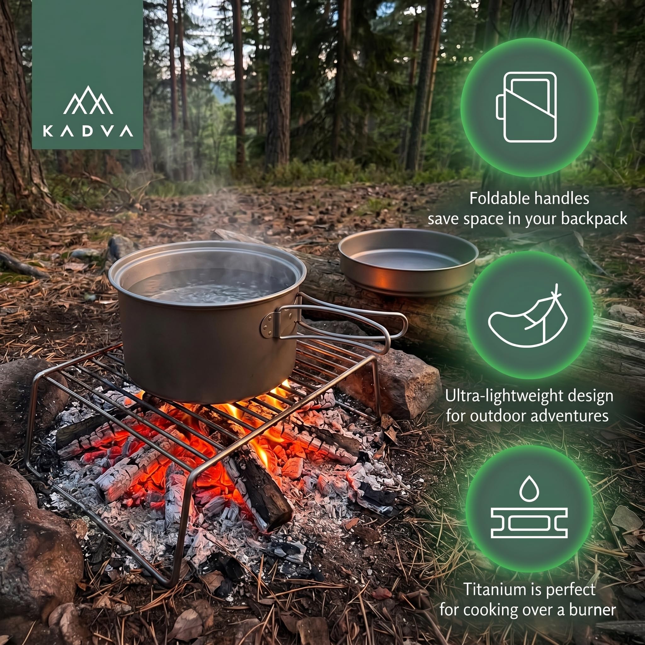 KADVA Titan - Set di pentole da campeggio da 1600 ml, per trekking e attività all'aperto | Set di 2 pentole in titanio con pentola e coperchio come padella, 0,25 kg, colore argento e compatto