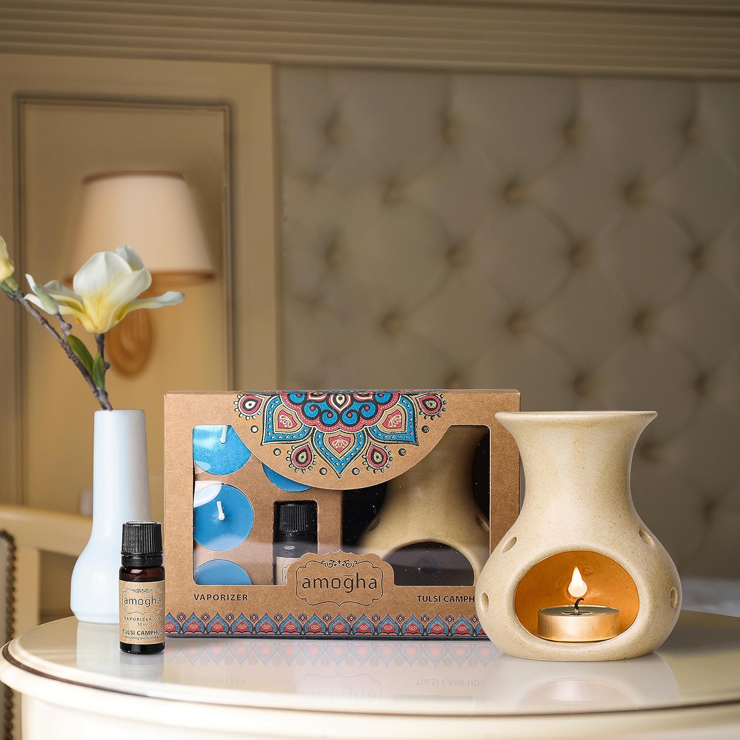 Amogha Tulsi Camphor Fragrance Vaporizer with 4 tealights and 10ml