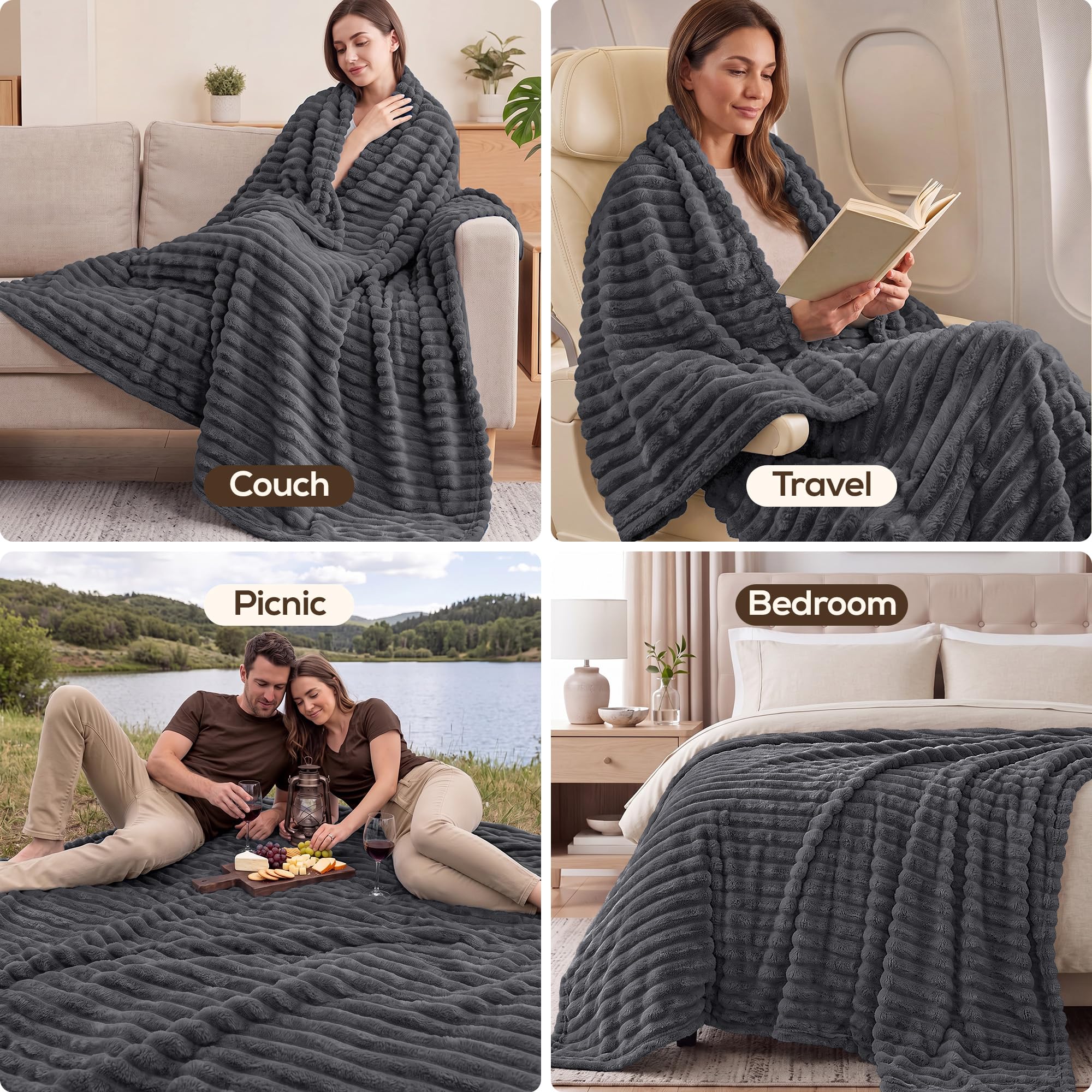 Utopia Bedding Streifen Kuscheldecke Flauschig decke [150x200 cm, Grau] – Ansicht 4