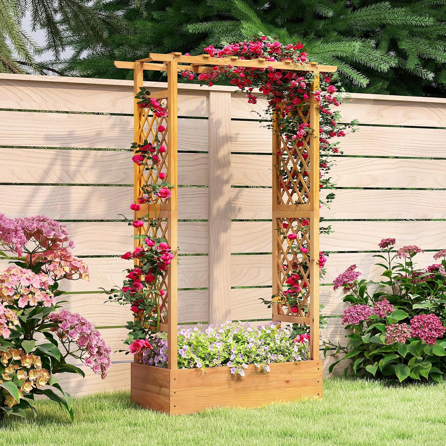 S AFSTAR Wooden Raised Garden Bed with Trellis, 70" Elevated Planter Box with Hanging Roof & Open-Ended Base for Climbing Vine Flower Herb Vegetable, Outdoor Plant Container for Patio & Yard