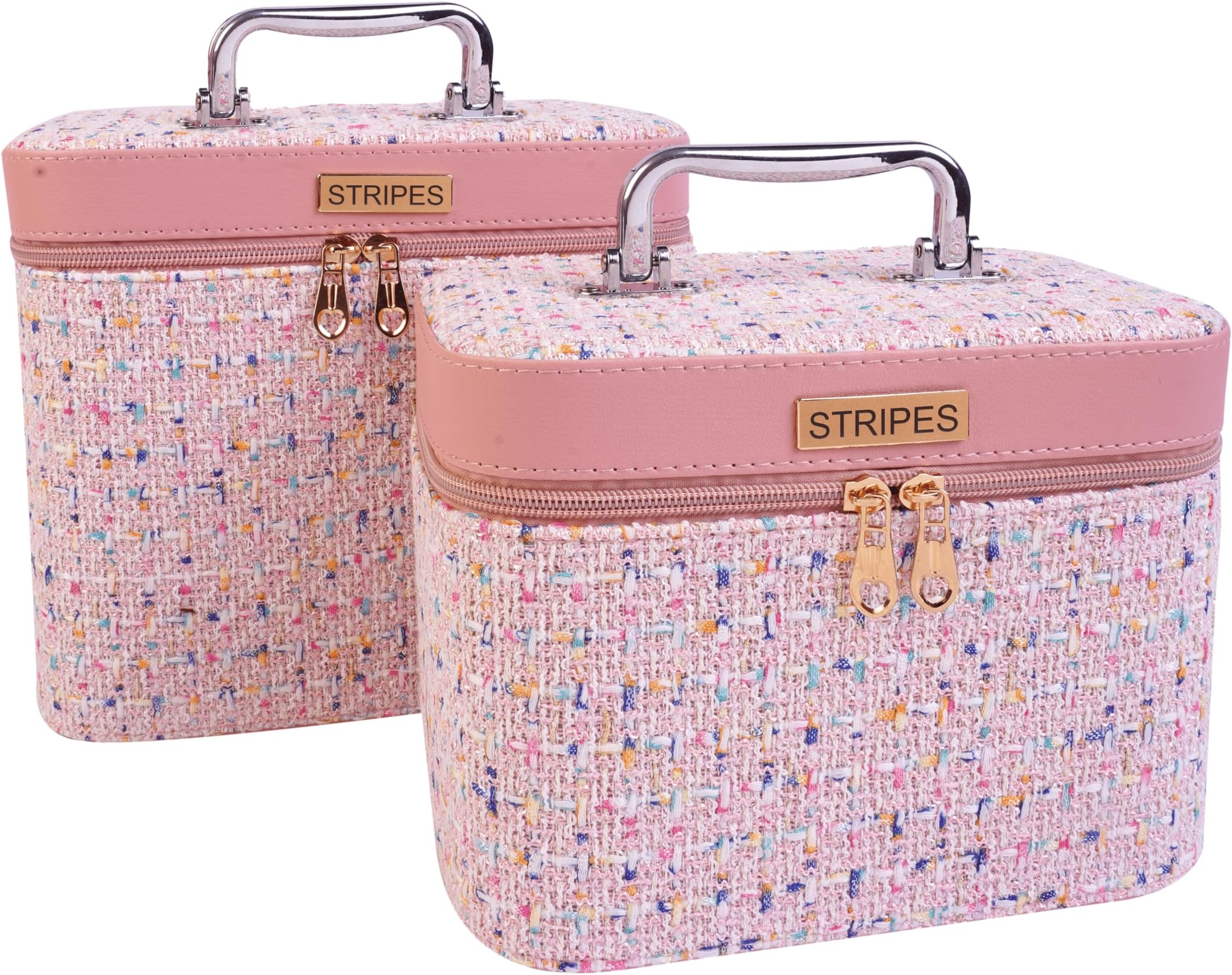 STRIPES Modern Vanity Case Vanity Box for Women Makeup kit | Makeup Bags Vanity Bags Large, Medium Size - for Cosmetics Products and Chrome Type Handle (Pack of 2) Square Multicolor