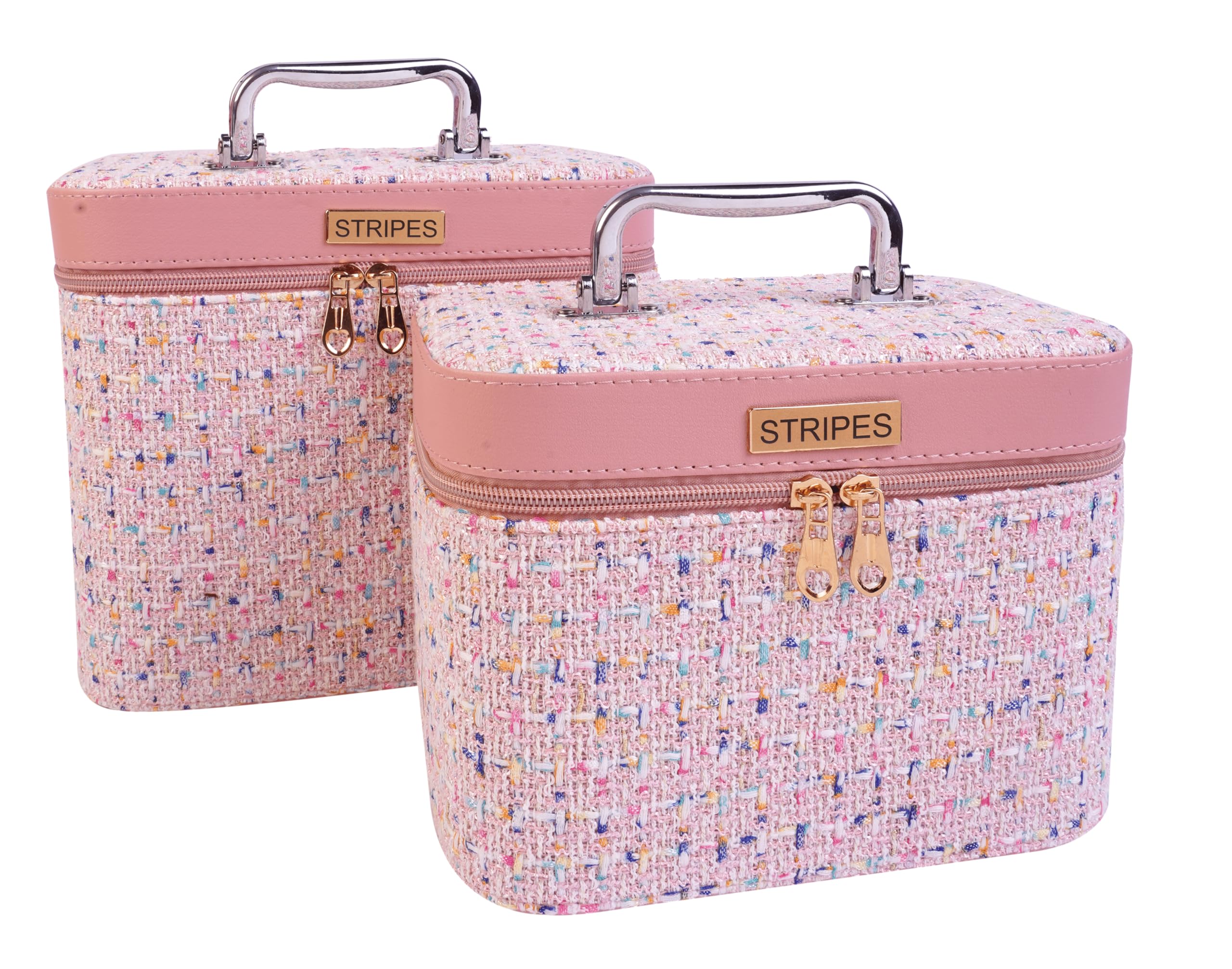 STRIPES Modern Vanity Case Vanity Box for Women Makeup kit | Makeup Bags Vanity Bags Large, Medium Size - for Cosmetics Products and Chrome Type Handle (Pack of 2) Square Multicolor