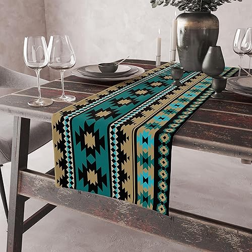 Miniatura 3 de Camino de mesa étnico azteca, decoración de mesa de cocina, diseño de estilo étnico nativo americano, patrón geométrico verde, camino de mesa para