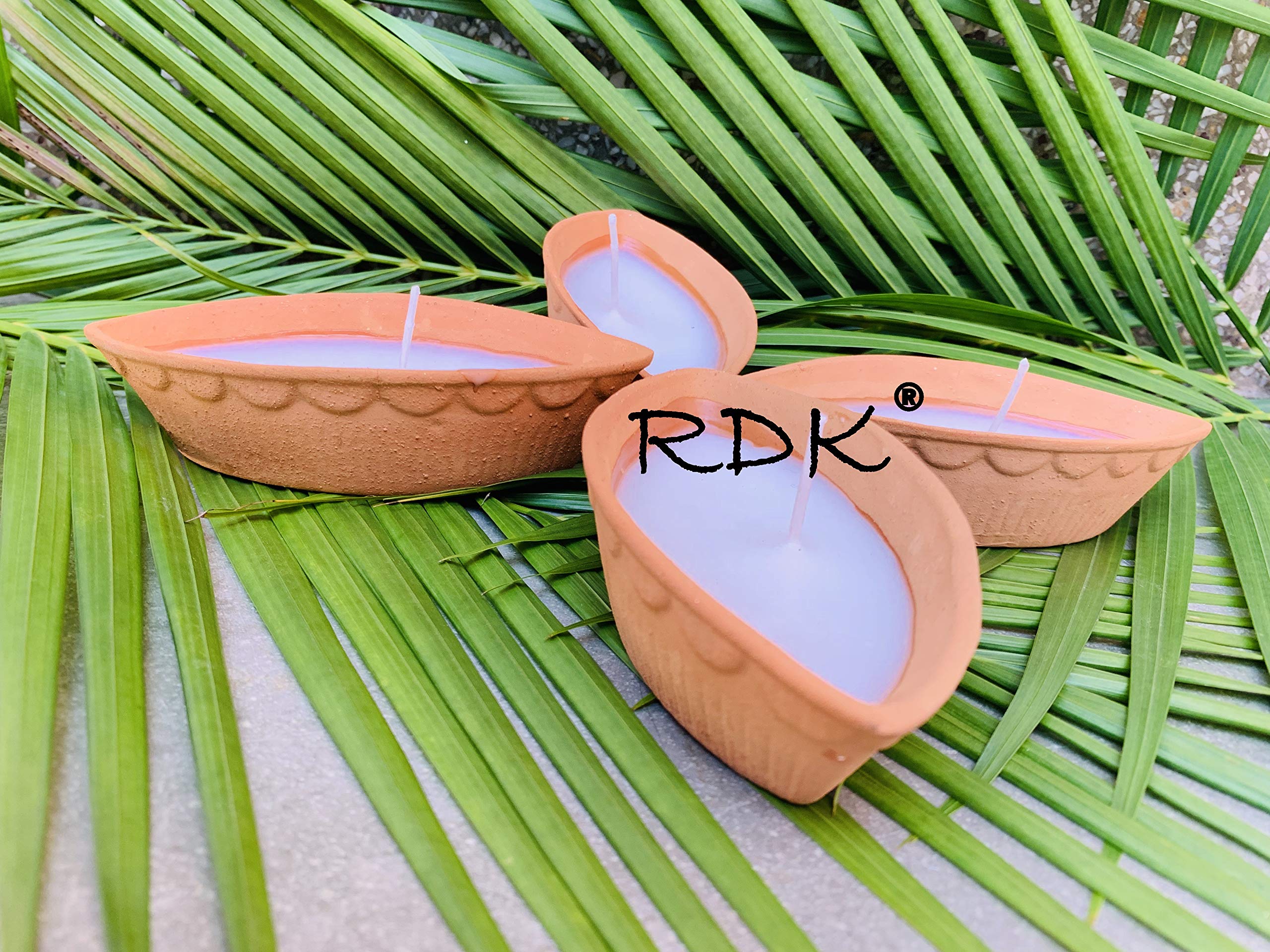 RDK Handmade Terracotta Mogra (Jasmine) Fragranced Waxed Clay Boat Shape Candles for Diwali Puja Diyas for Festival Decoration Deepak for Gift Mandir Items (Set of 4) 2