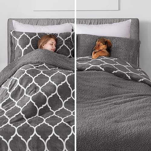 Kaisa Juego de edredón de forro polar Sherpa tamaño Queen de 3 piezas, edredón reversible esponjoso y cálido para invierno con 2 fundas de almohada,