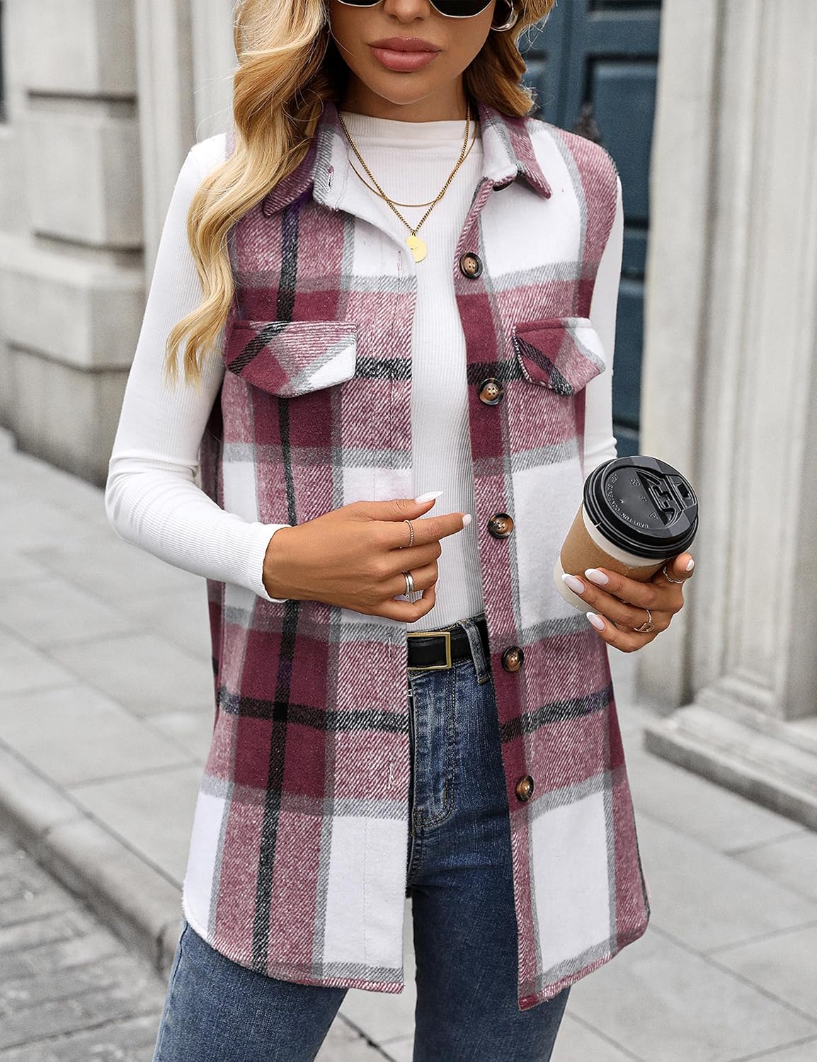 ZILIN Women's Flannel Plaid Vest Button Down Sleeveless Shacket Shirt Jacket - Image 3