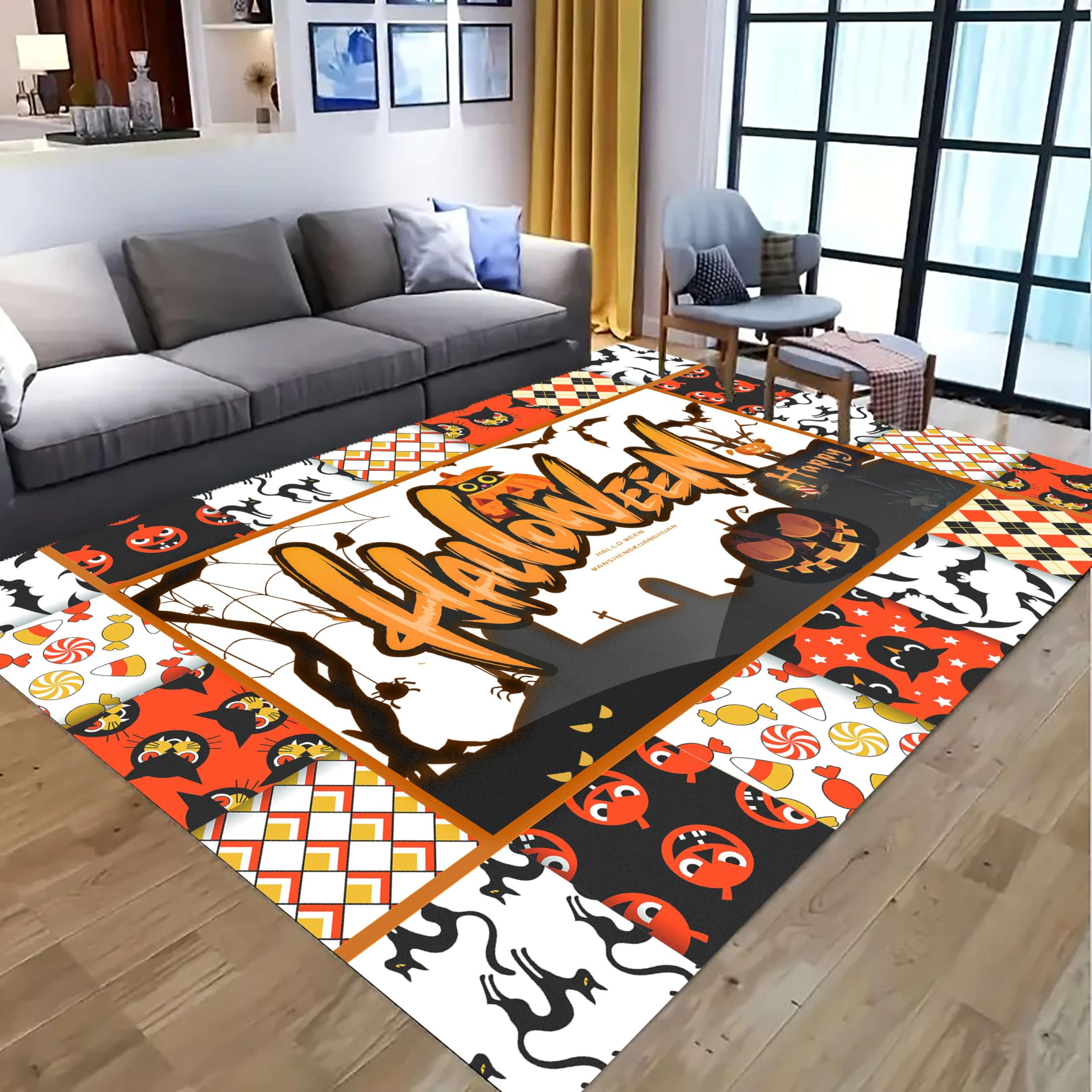 Kuluoits Pumpkin Area Rug, 120x180cm, Happy Halloween Bat Cat Geometric Plaid Orange Washable Rug for Living Room, Cute Cartoon Halloween Decorative Floor Mat Carpet for Bedroom Dorm Bedside