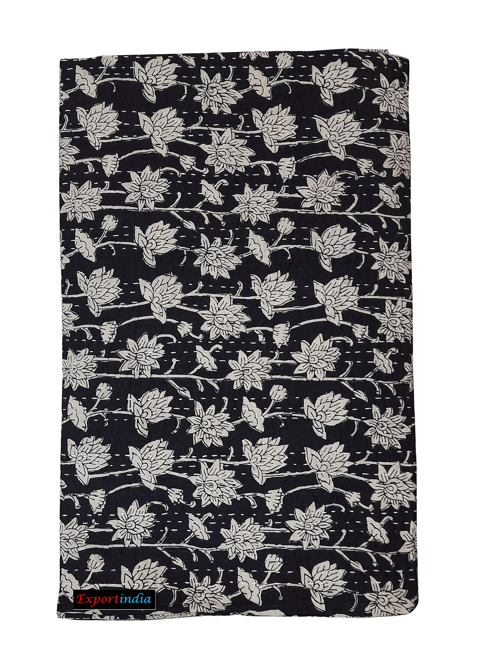 Exportindia Indian Traditional Floral Print Kantha Quilt Pure Cotton Bagru Block Print Quilt Blanket Bedspreads Throw (Twin Size 60x90 Inch)