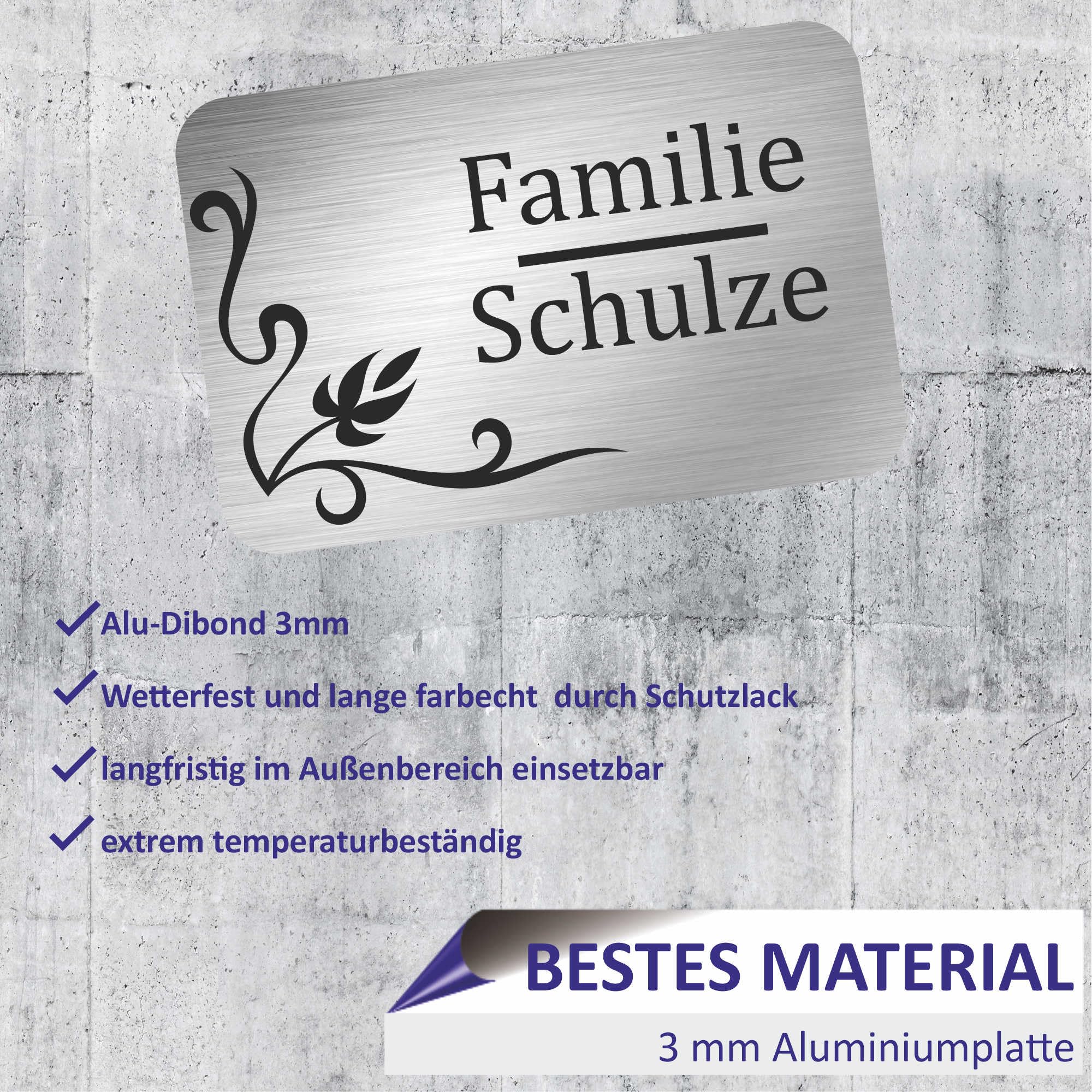INDIGOS UG - Namensschild - kleiner Strich - 600x400 mm Aluverbundplatte Edelstahllook 3 mm - individuell personalisiert mit Wunschtext, Namen, Familienname, Firma - Briefkasten - Haustür