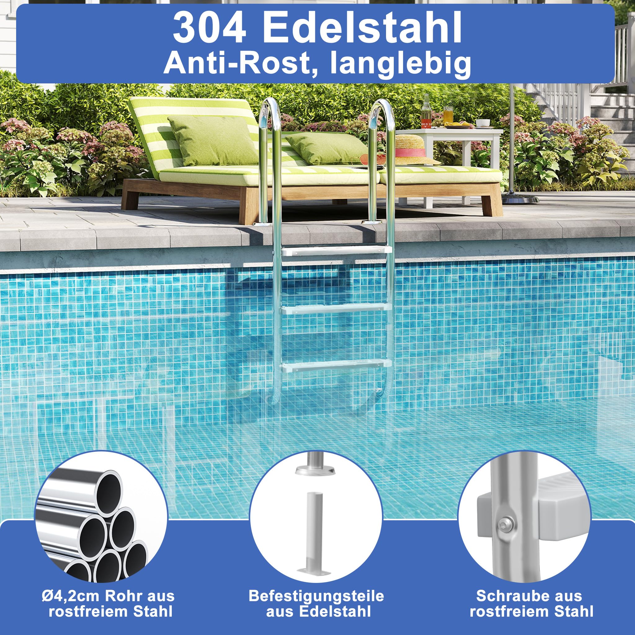 YRHome 3 Stufen Poolleiter Aus 304 Edelstahl rutschfest ABS Trittstufen Bis 150 kg Traglast,Schwimmbadleiter für Gartenpool Einbaupool Geeignet bis 130 cm Beckentiefe