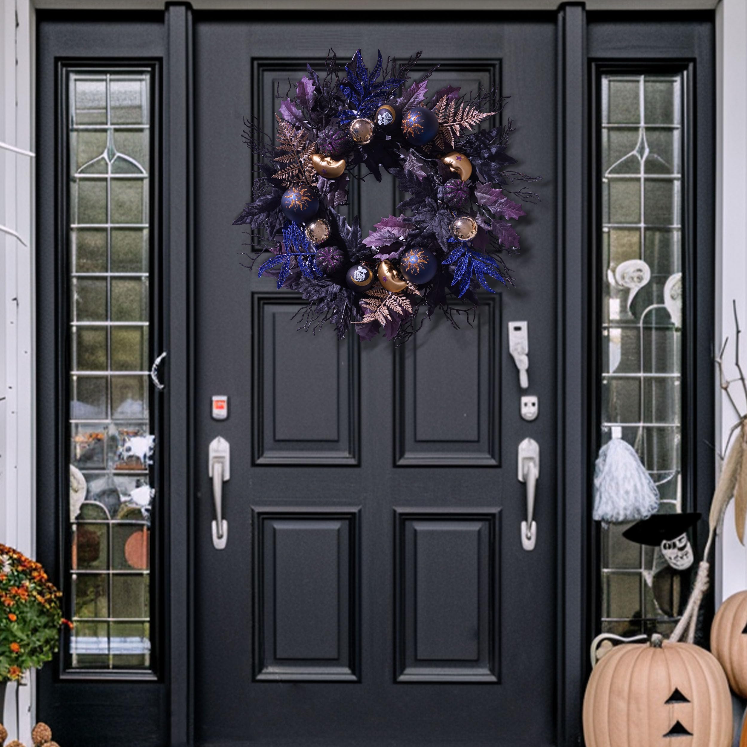 Decorbyhannah - Corona de Navidad plegable, coronas de Navidad para puerta delantera con luces, arrecife artificial para interiores y exteriores, adornos de piña para ventana de mesa (negro y blanco)
