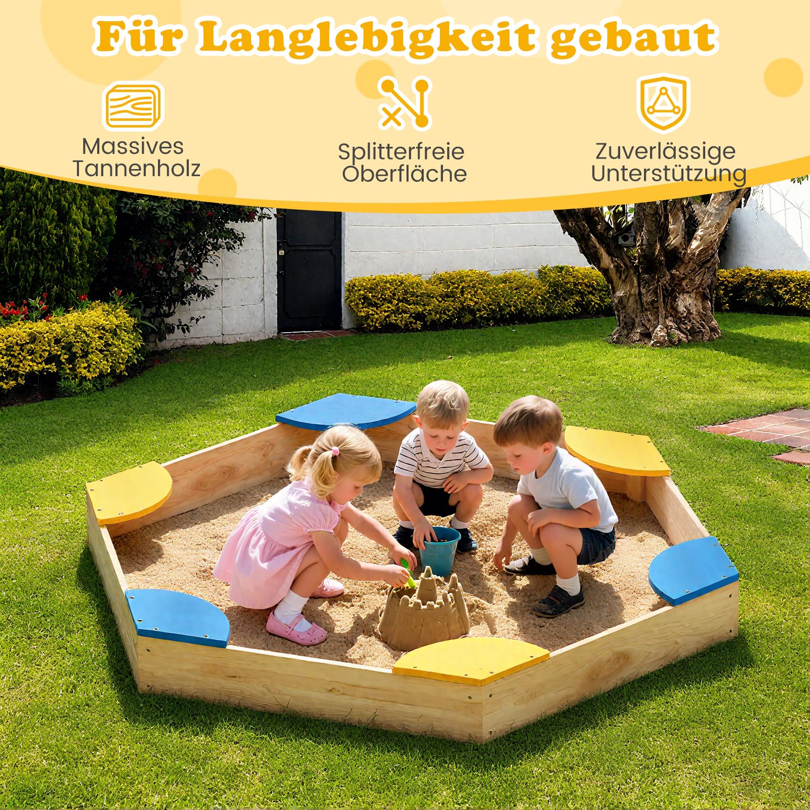 COSTWAY Sandkasten aus Holz mit 6 Sitzplätzen, sechseckige Sandkiste für Kinder, 140 x 122 x 14 cm, Sandbox Sandspielzeug für Balkon und Garten