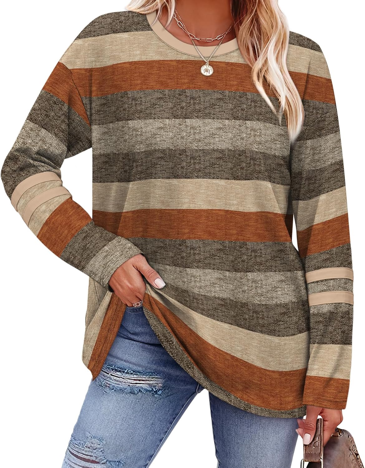 Sampeel Long Sleeve Shirts for Women Color Block Casual Tops Fall Outfits 2026 Basic Tees Trendy Spring Clothes