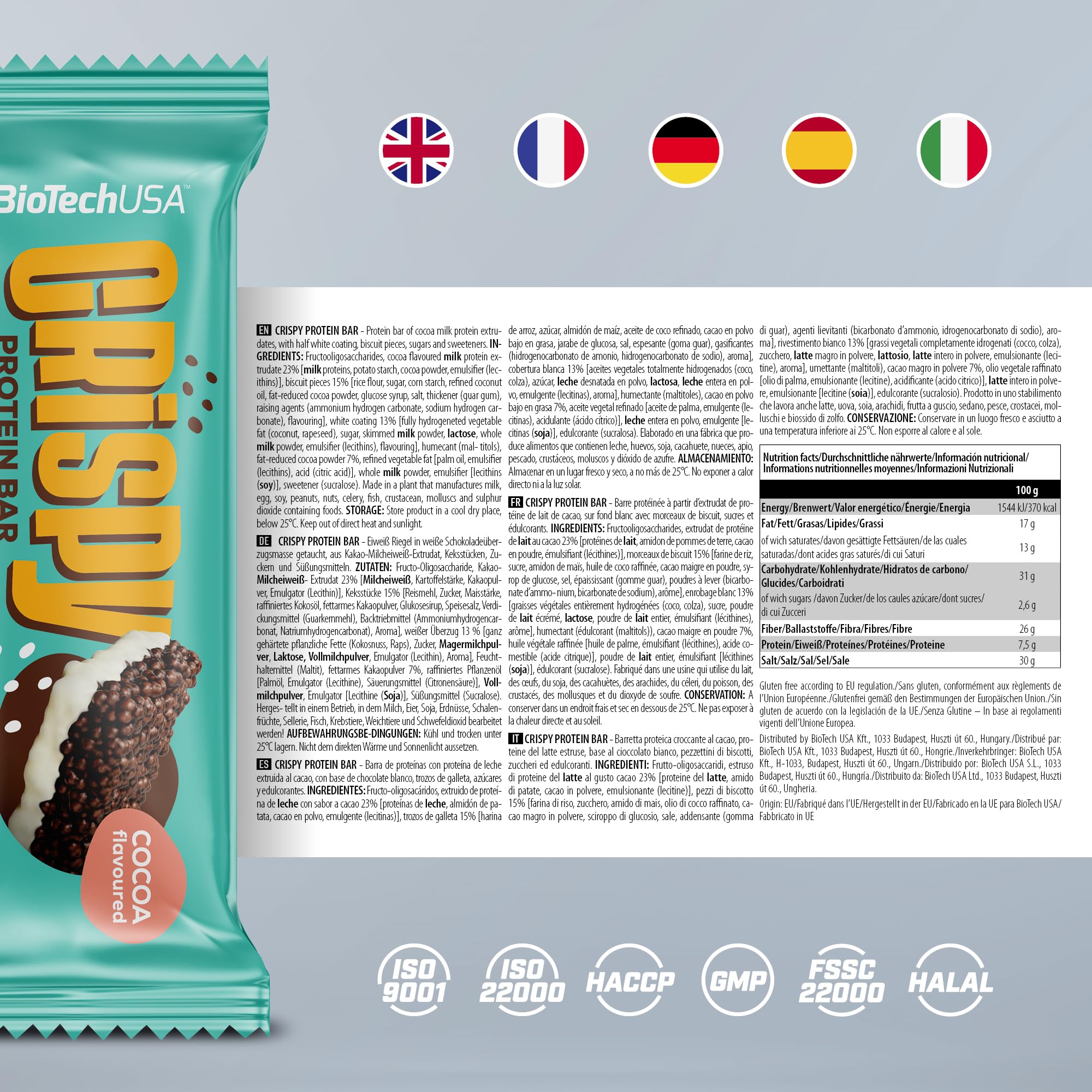 BioTechUSA Crispy Protein Bar | Sucré et croquant | Délice riche en protéines | Soutien énergétique et musculaire en déplacement, 16x40g, Chocolat