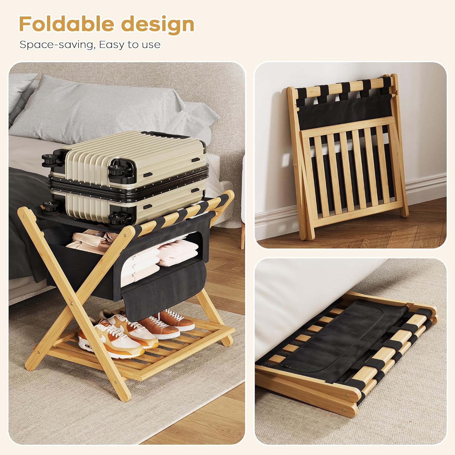 Full Assembled 26.77"L Luggage Rack for Guest Room, Set of 2 Foldable Suitcase Stand with 5 Nylon Straps & Cloth Bag, Luggage Stand Holder with Shoe Shelf for Suitcases Hotel (Natural Wood Bamboo)