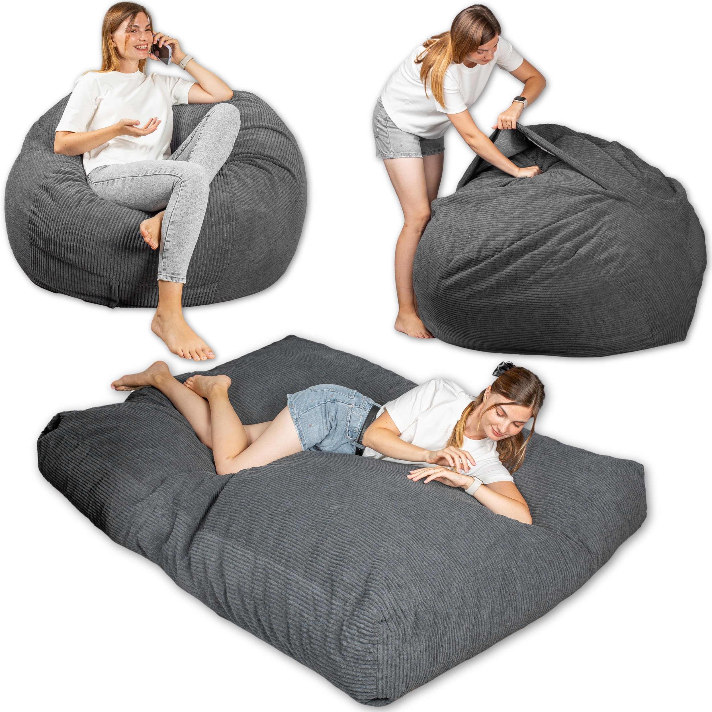 bananair - Puff Cama Gigante con Relleno de Espuma Incluído - Puff Salon Convertible en Futon/Colchón Plegable Suelo 135x185 cm - Pana Ancho, Tejido Suave y Elegante (Gris Oscuro)