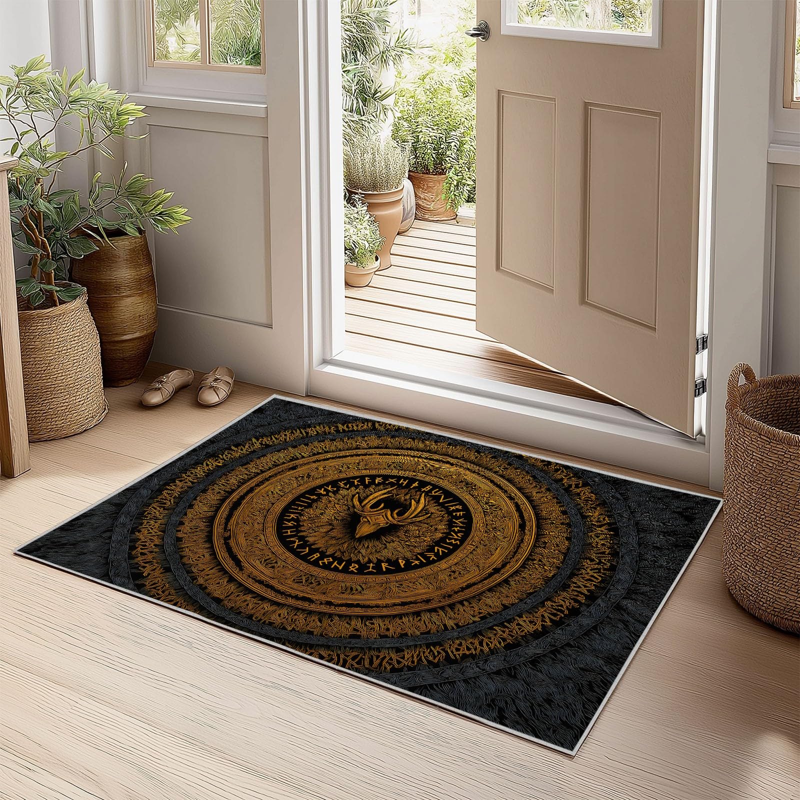 Generisch Teppich Wohnzimmer Waschbar Kurzflor Weich Fantasy Wikinger Symbol Teppich 80 x 150 cm pflegeleicht rutschfest für Schlafzimmer Kinderzimmer Flur Badezimmer Schwarz