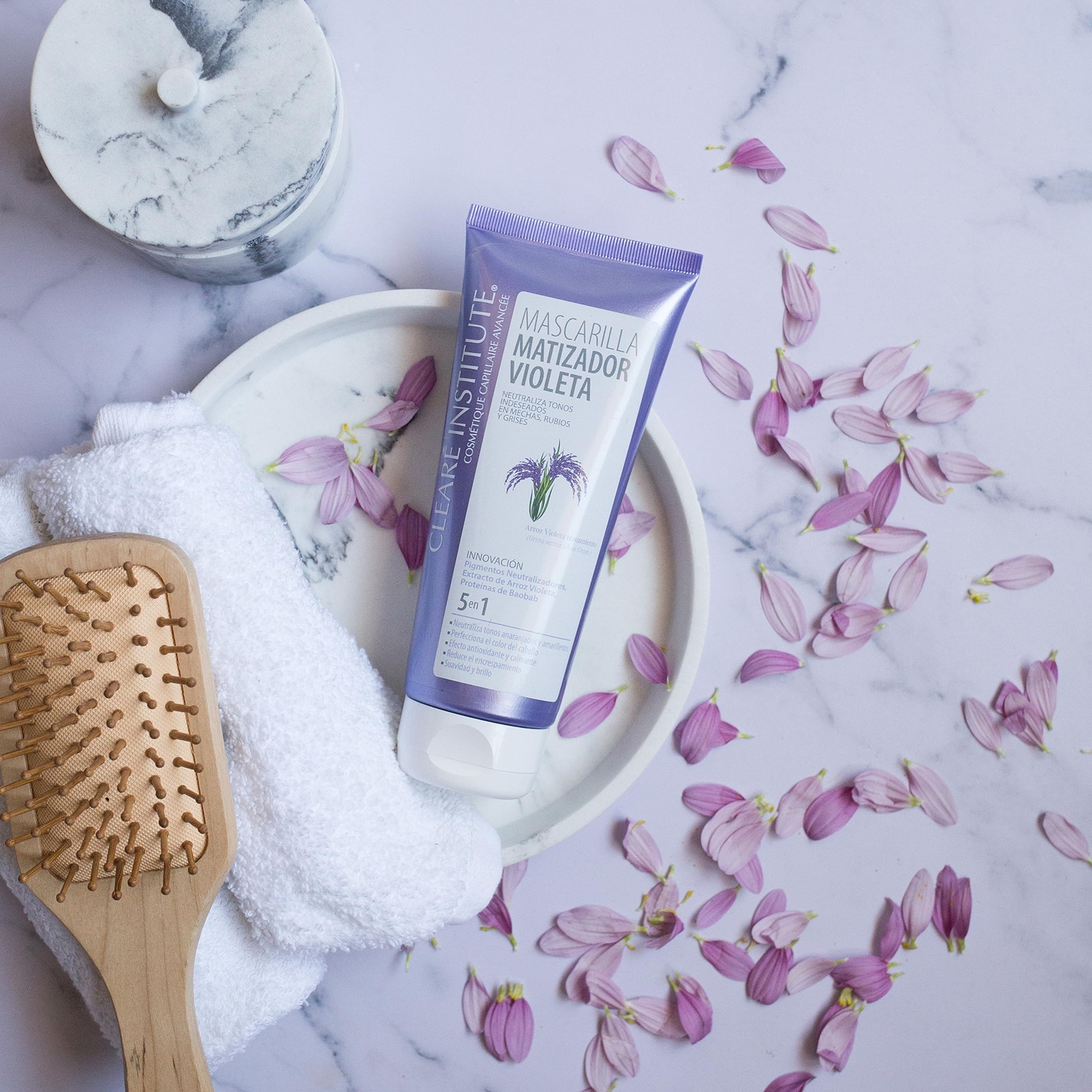 Clearé Institute Mascarilla Matizadora Violeta, Sin Sulfatos, Parabenos o Siliconas, Anti Frizz, Matizante Pelo Blanco, Gris, Canas, Rubio Teñido y Mechas, 96.6% Ingredientes Naturales, 200 ml