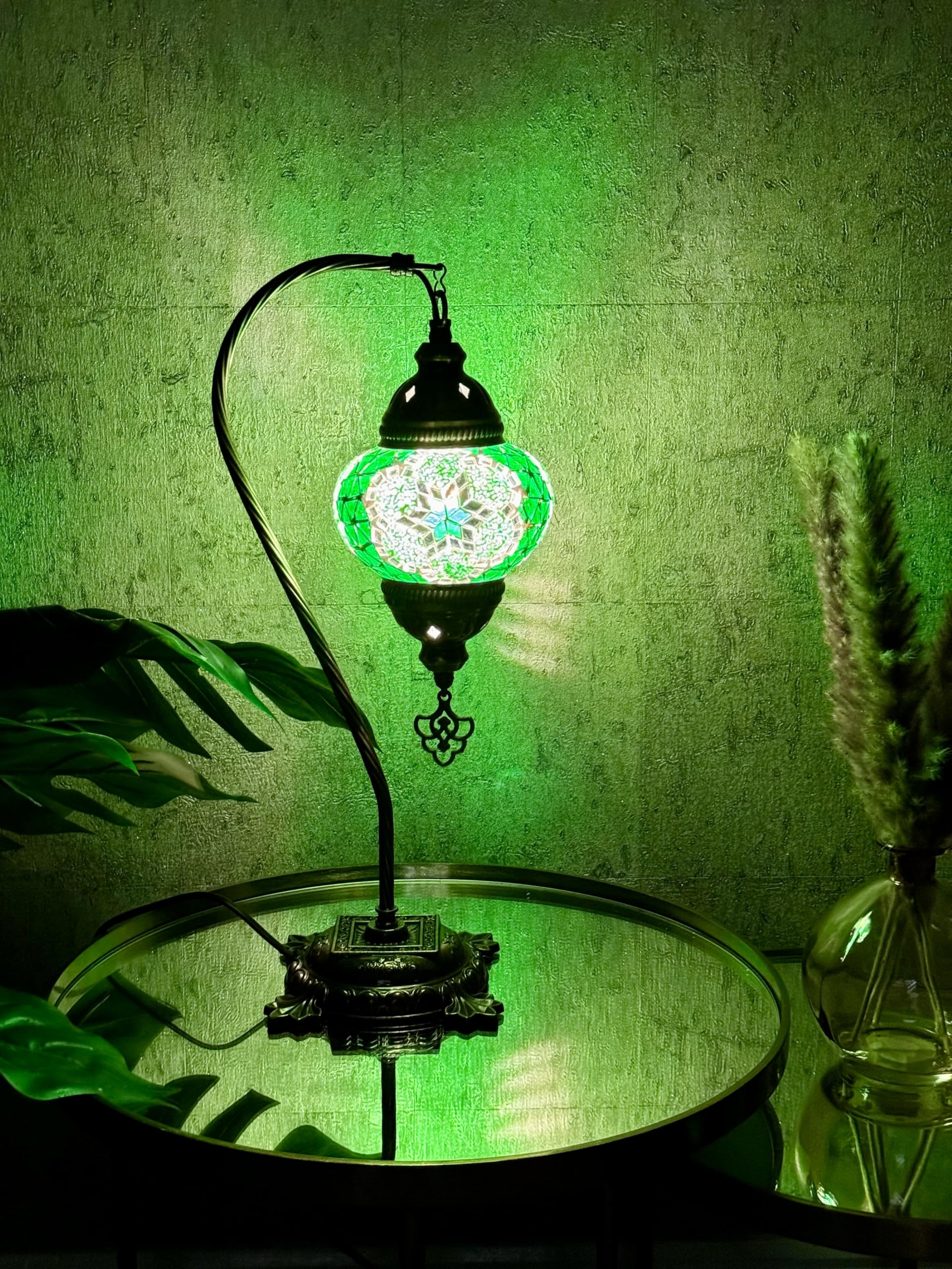 Lightza Handmade Turkish Moroccan Mosaic Desk Lamp LED Bulb | Swan Neck Unique Globe Lampshade Table Light | UK Tested Safe Energy Efficient (Green & White Star) — image 1