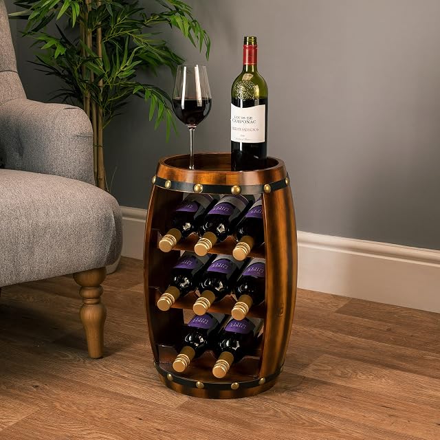 CHRISTOW Wooden Wine Rack Barrel, Free Standing With Top, 8 Bottle Holder, Oak Effect Storage, Gift For Wine Lover, H49cm