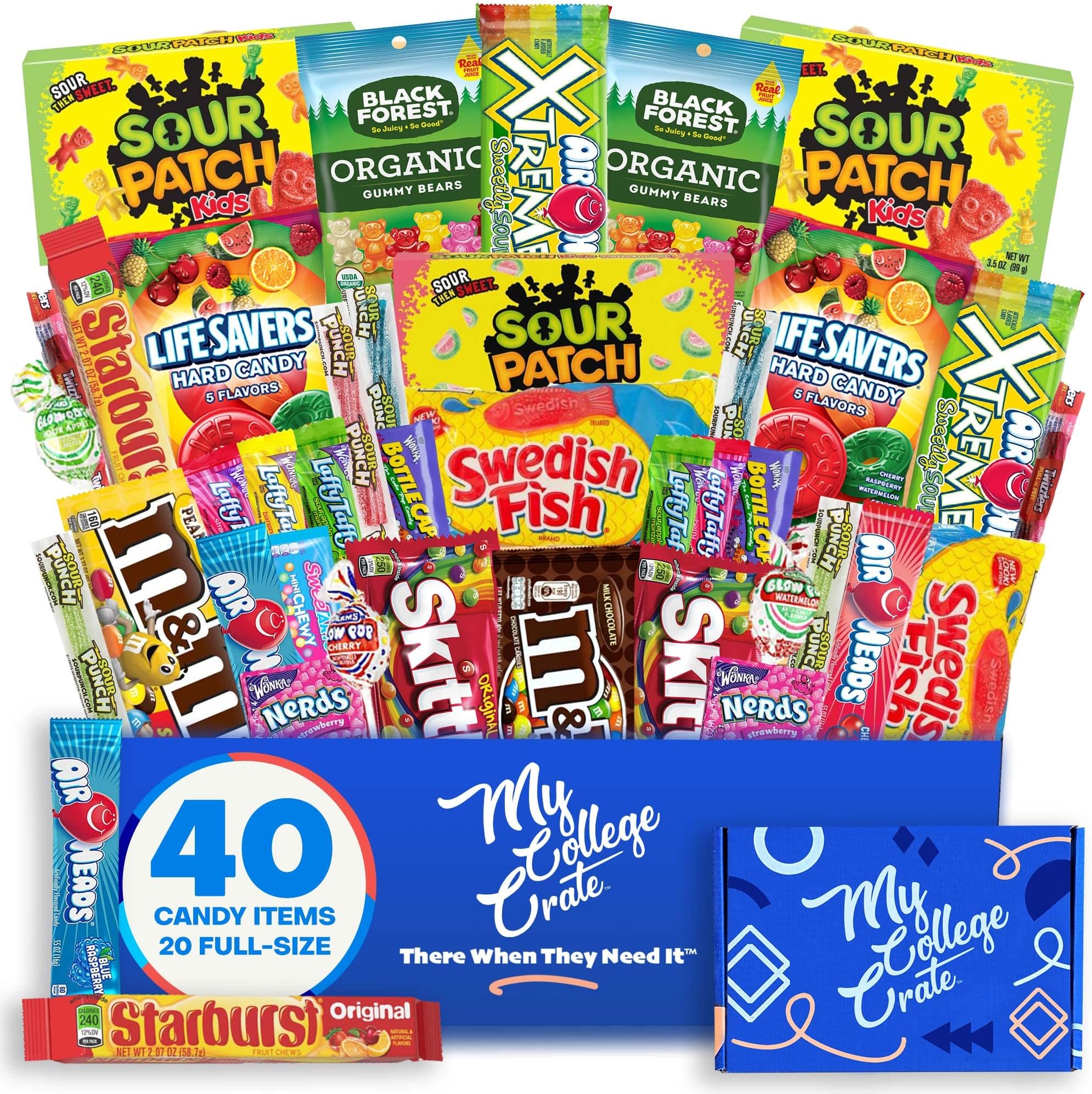 College Candy Snack Box (40 Full Size Variety) Candy Care Package Teenage Student Gift Basket - My College Crate