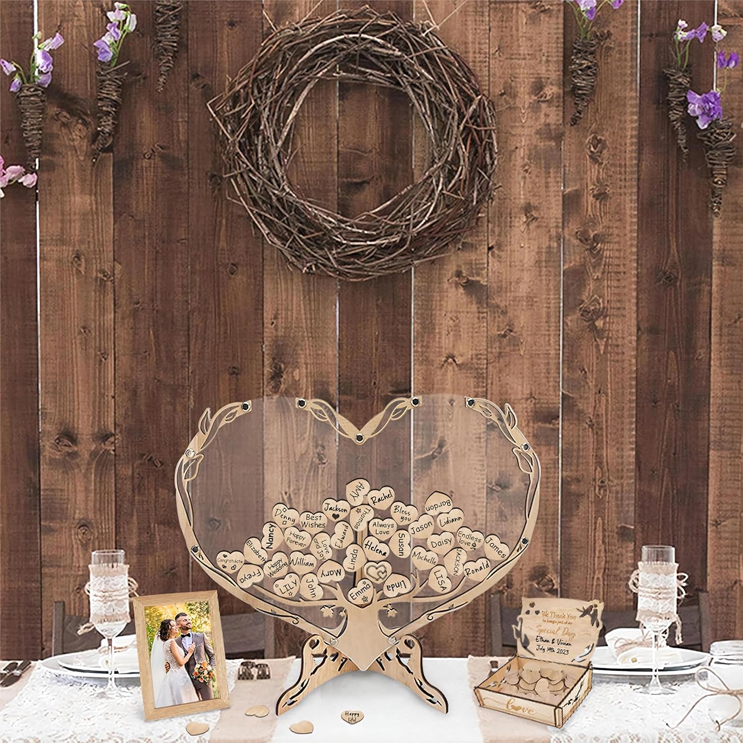 Heart Wedding Guest Book Alternative, Rustic Wooden Tree of Life Wedding Guest Book Drop Box with Picture Frame, Wedding Decorations, Wedding Gift, Valentine Gift