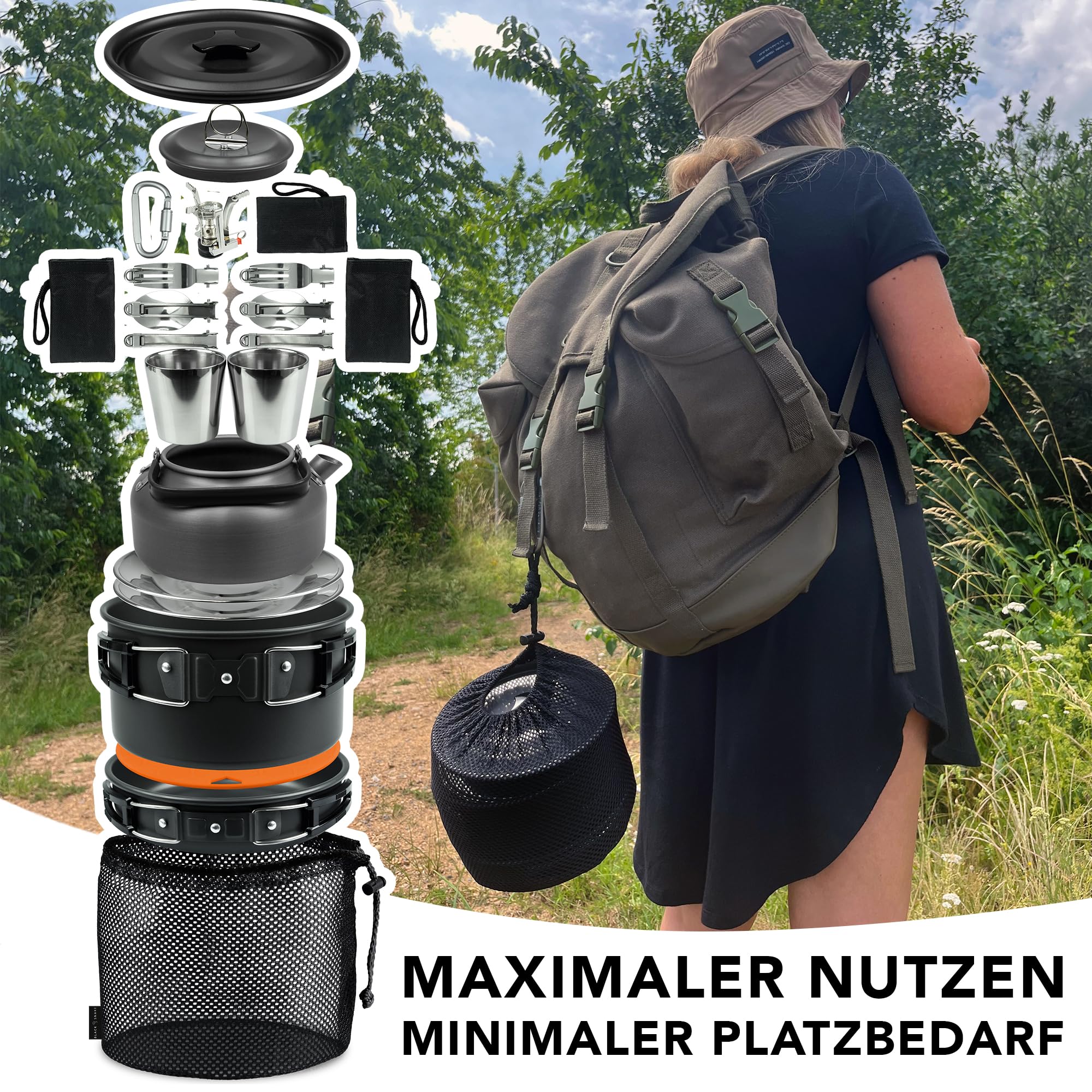 Camping Geschirr Set 14-teilig für Outdoor Küche, Wandern & Festival - mit Bechern, Tellern, Besteck, Topf, Pfanne, Kessel & Zubehör
