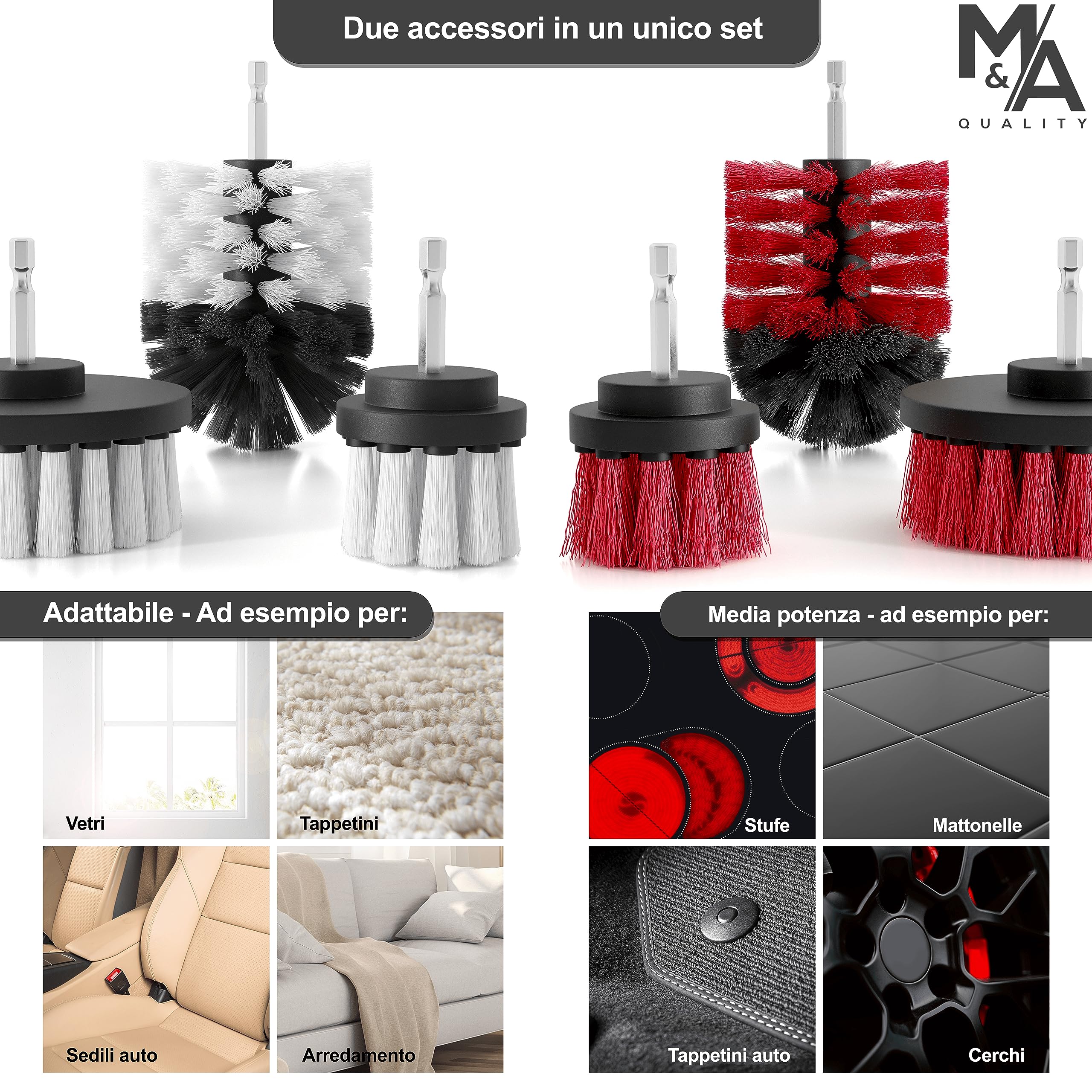 M&A QUALITY® – Set di 6 spazzole per trapano – Spazzole morbide e dure per la pulizia di quasi tutte le superfici – pulizia extra facile – Spazzola per trapano avvitatore a batteria