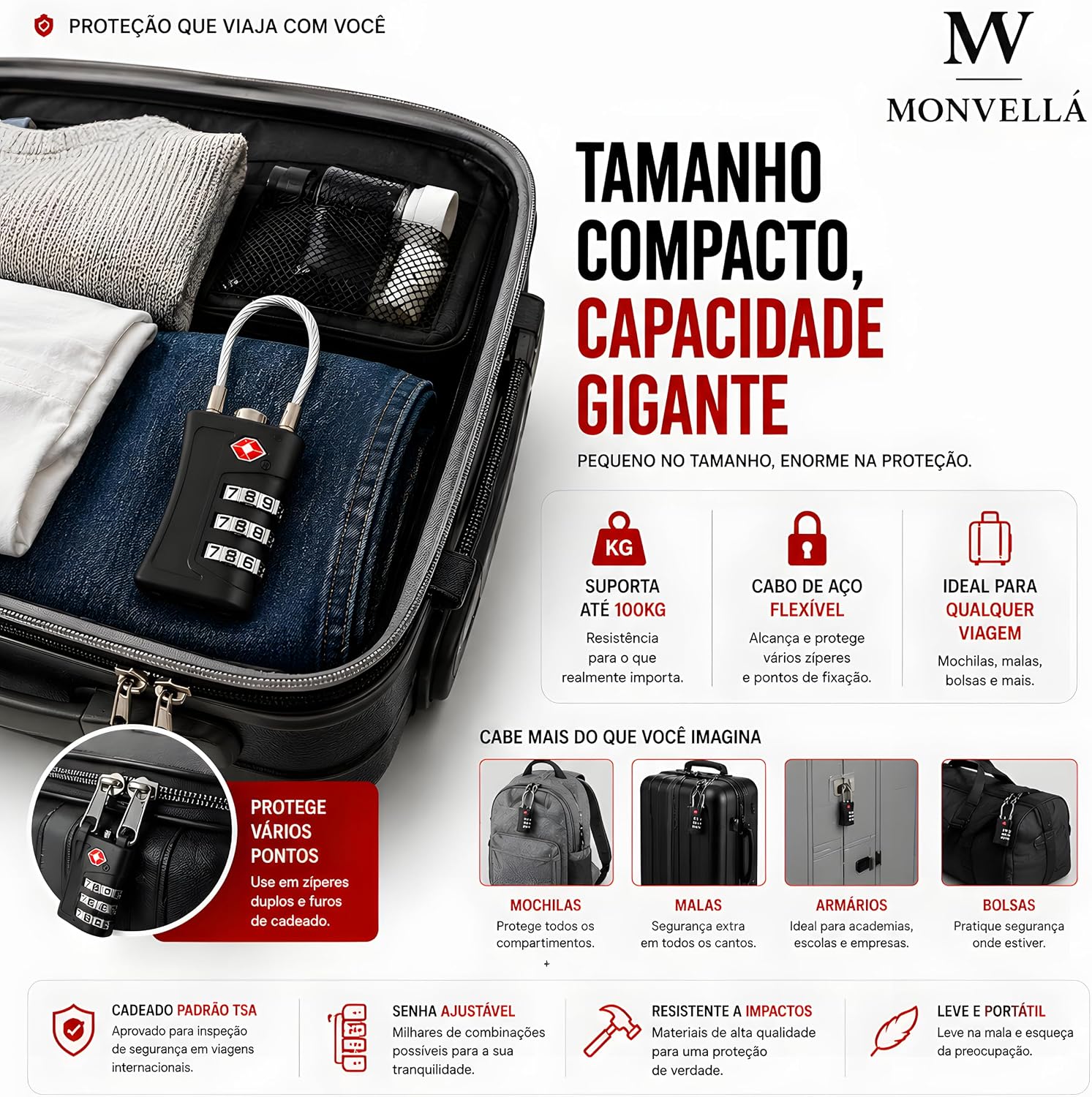 Imagem superior do cadeado em uma mala aberta, com itens organizados dentro.