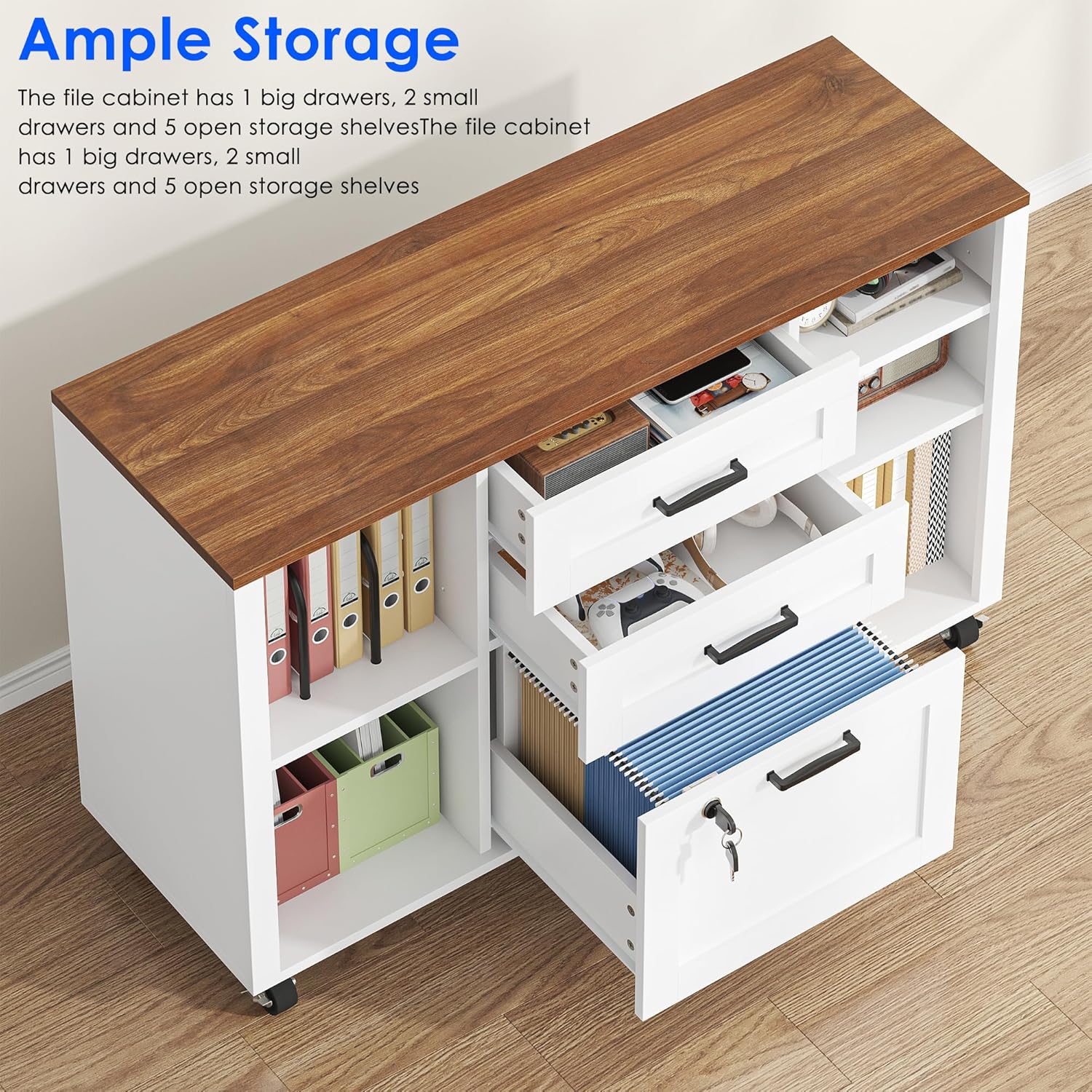 3 Drawer Wood Mobile Large lateral File Cabinet with Lock, Lockable Rolling Filing Cabinet with Open Storage Shelves, Printer Stand Office Storage for Home Office Fits Files Legal/A4, White