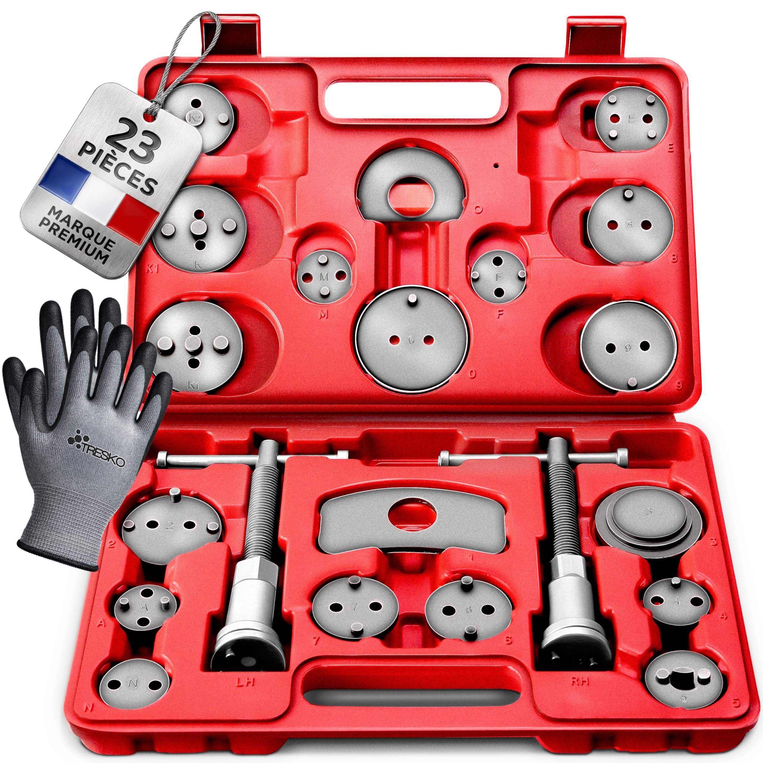 TRESKO® Coffret Repousse Piston d'étriers de Freins Set de 23 pcs INCL. Gants, pour Remplacement de Disque Outil et adaptateurs, de mâchoire ou de Plaquettes de Frein, Kit Universel