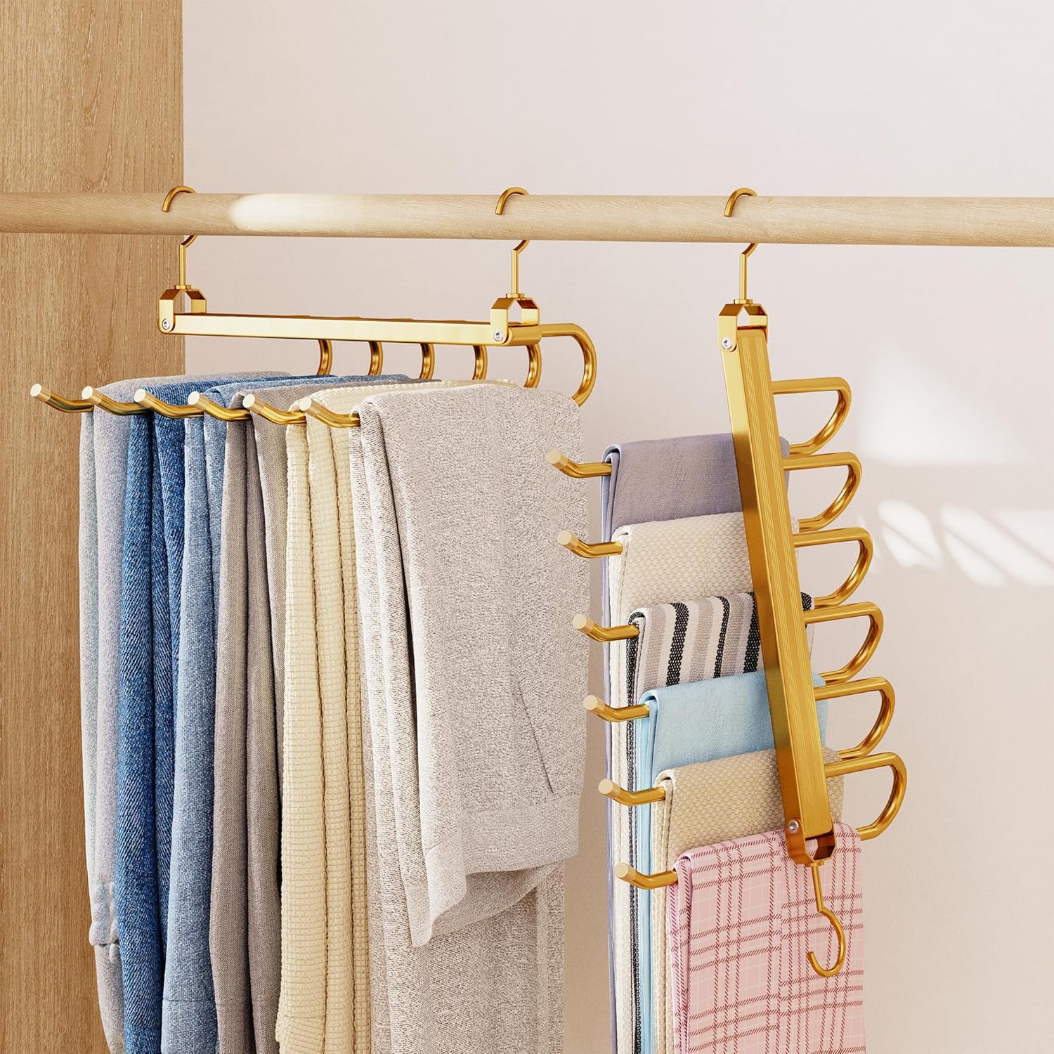 Pants Hangers,2 Pack Golden Metal Alloy Hangers Closet Organizer,Sturdy Space-Saving Clothes Pants Hangers, Closet Organizers for Pants Jeans Skirts Scarf Legging