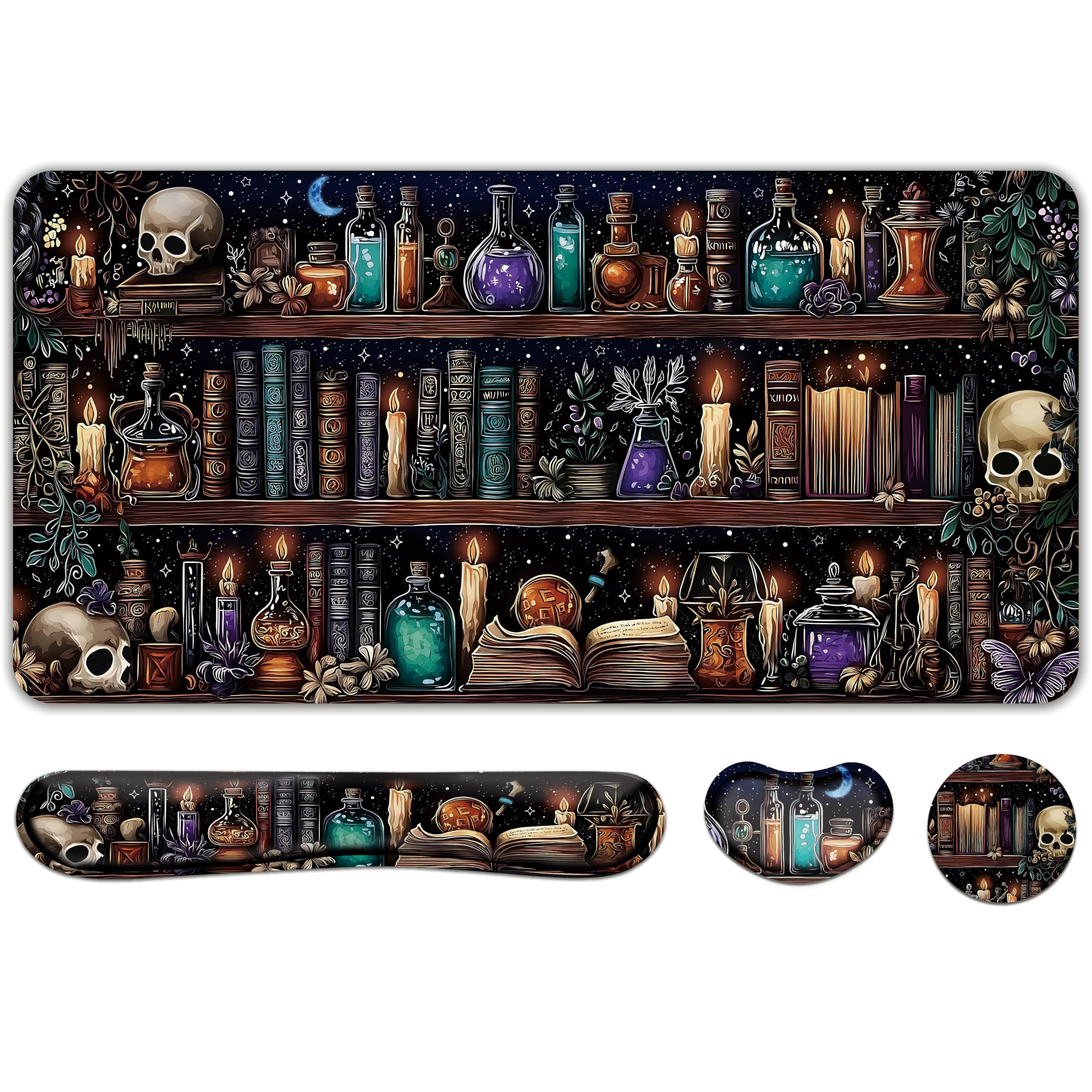 Doodlream 4-in-1 Desk Pad, Skeleton Bookshelf Theme, Desk Mat with Mouse Keyboard Wrist Support and Coaster, Ergonomic Design for Home Office Laptop Computer Desk Accessories
