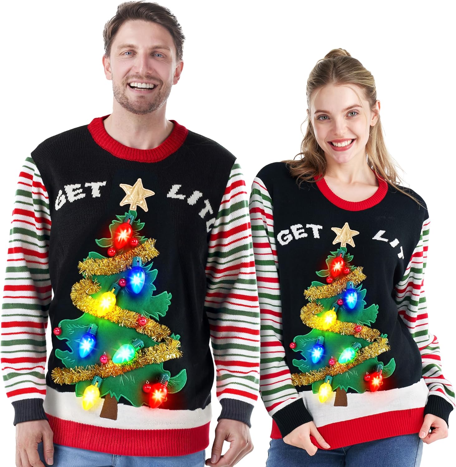 JOYIN Ugly Christmas Sweater Women Men Couples, LED Light Up Ugly Christmas Sweater Kids 2025 Striped Tree(Black)