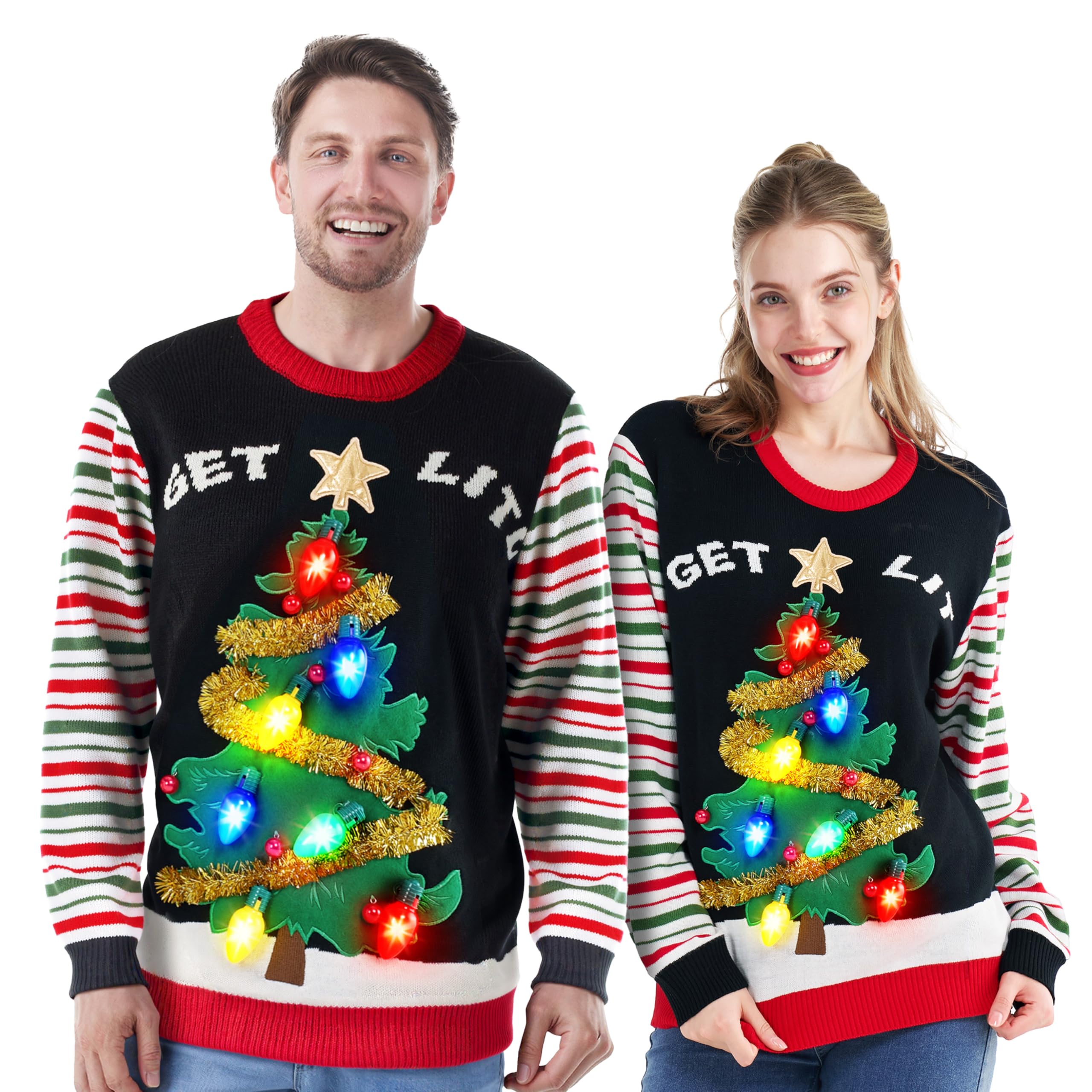 Joyin Women's Adult Christmas Tree Black Led Light Up Get Lit Christmas Tree Ugly Christmas Jumper Built-In Light Bulbs Xmas Sweater(S, Black)