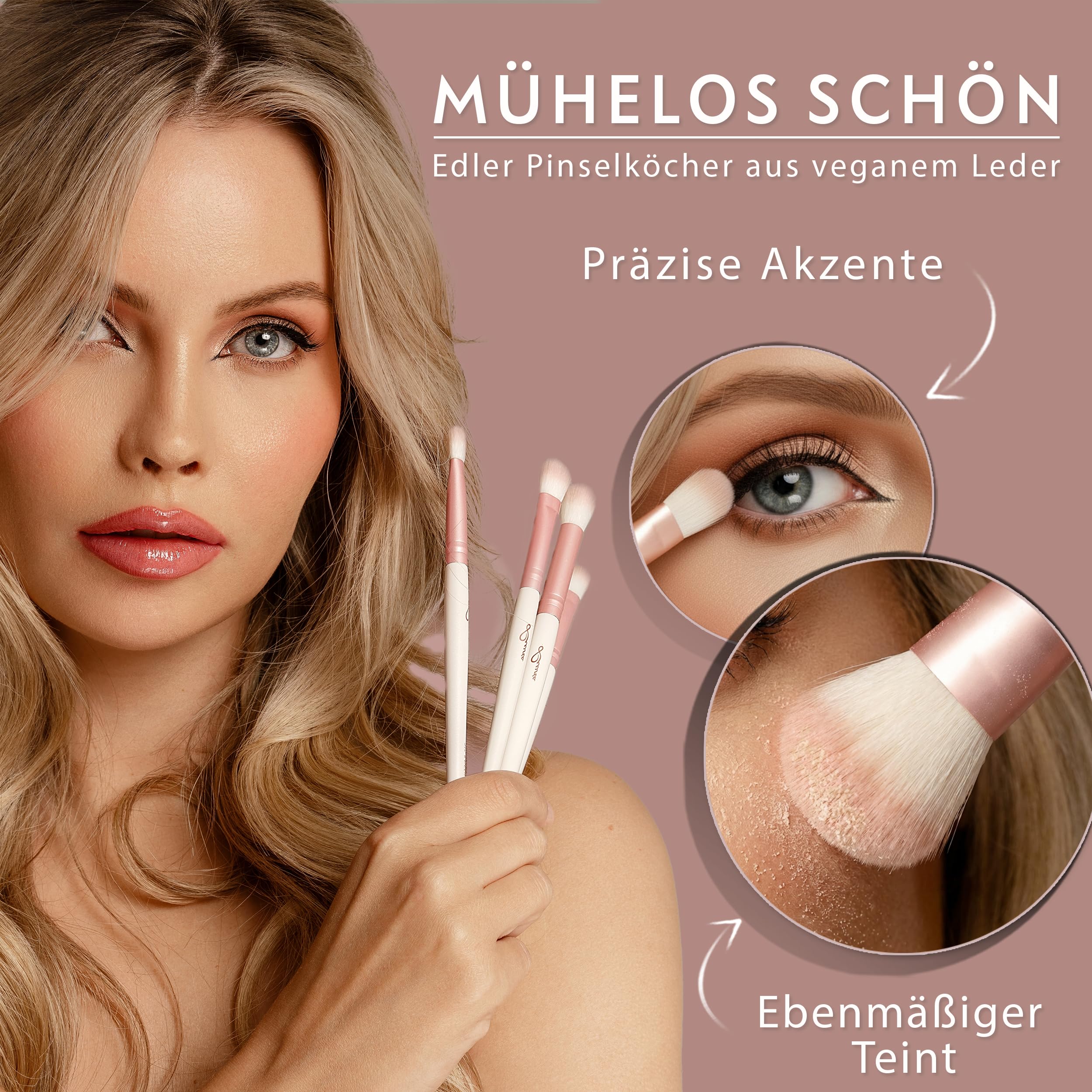 Luvia Prime Vegan Pro - Juego de brochas de maquillaje (7 unidades, incluye soporte para brochas, esponja y estera limpiadora), color nácar y rosa perla