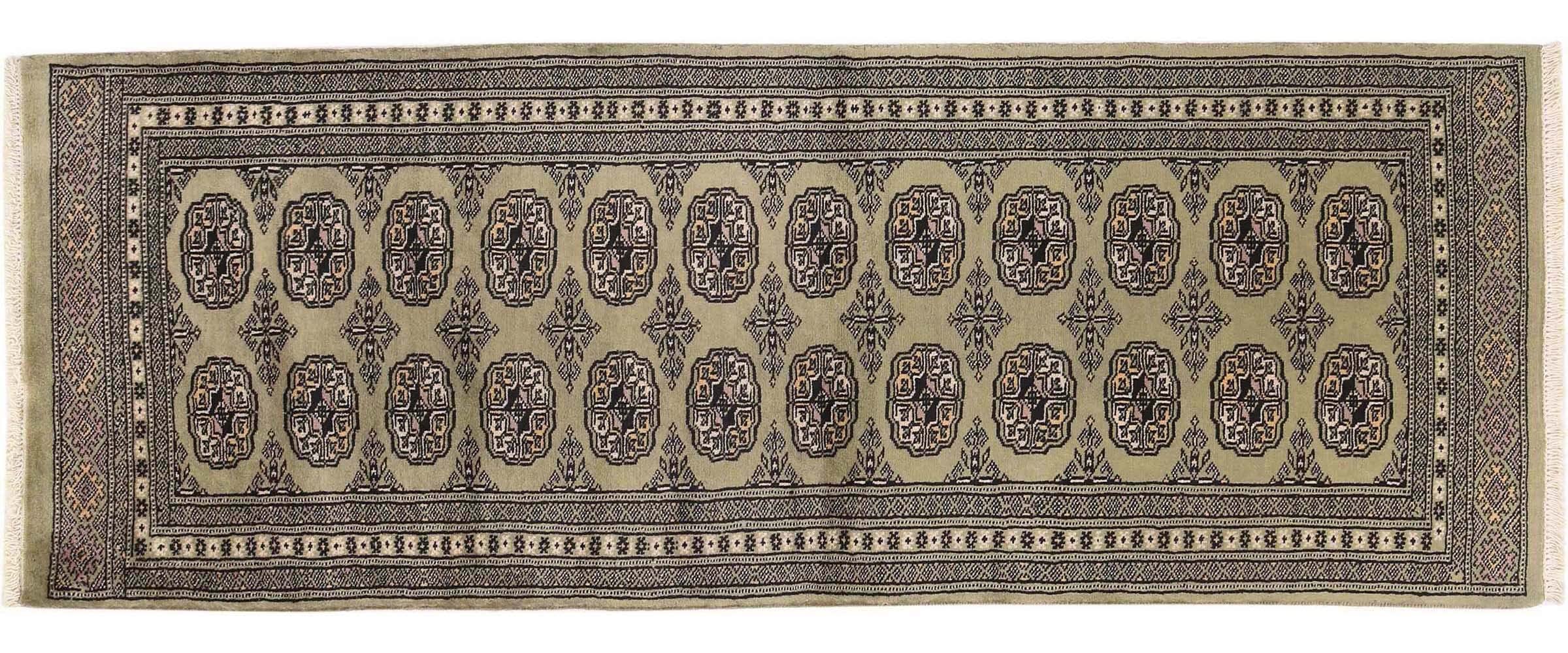 Tapis Buchara vert 70x190 cm tissé main au motif géométrique oriental