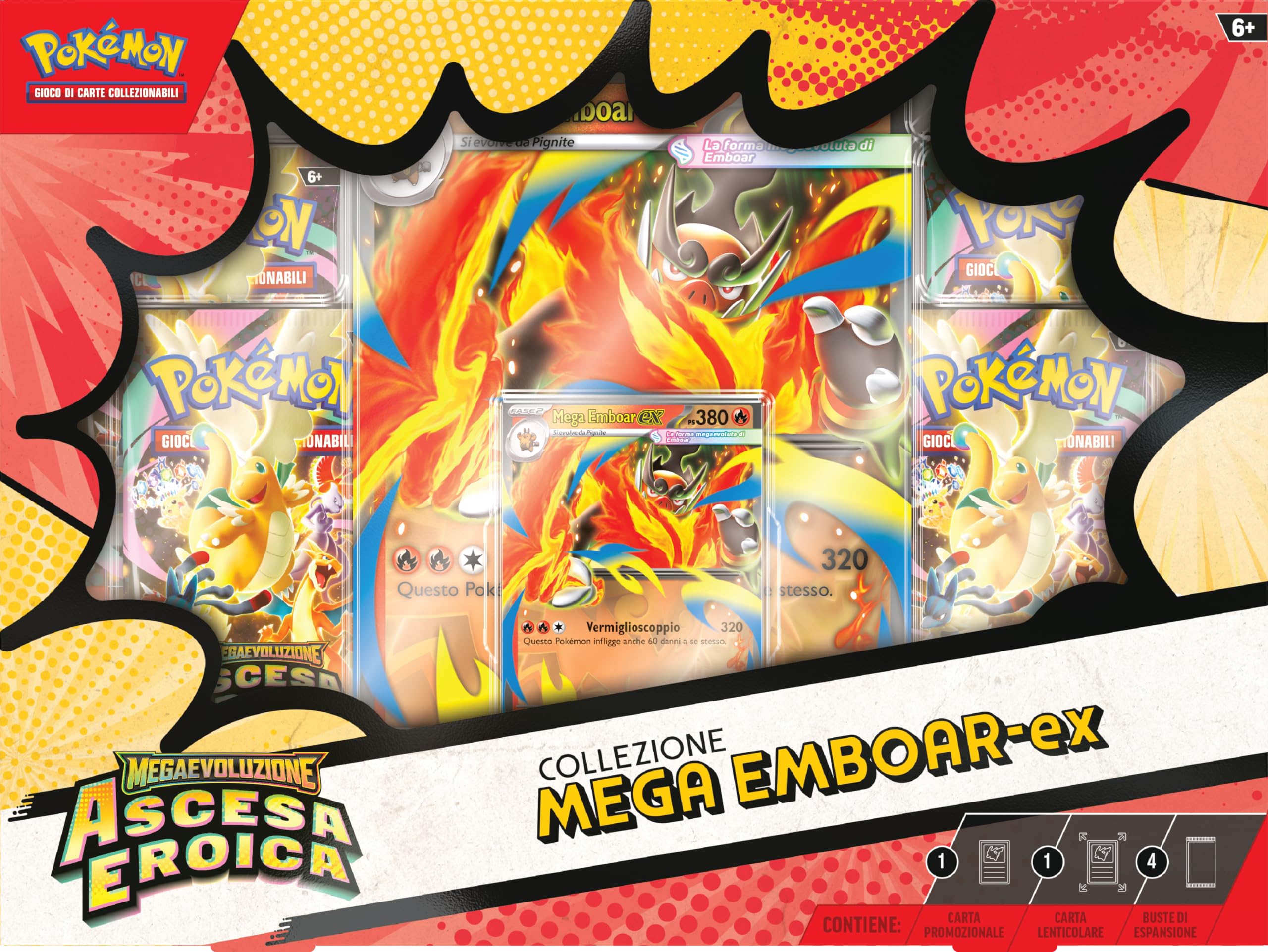 Pokémon: collezione Mega Emboar-ex dell’espansione Megaevoluzione - Ascesa Eroica del GCC Pokémon (una carta promozionale olografica, una carta lenticolare gigante e quattro buste di espansione) - 2