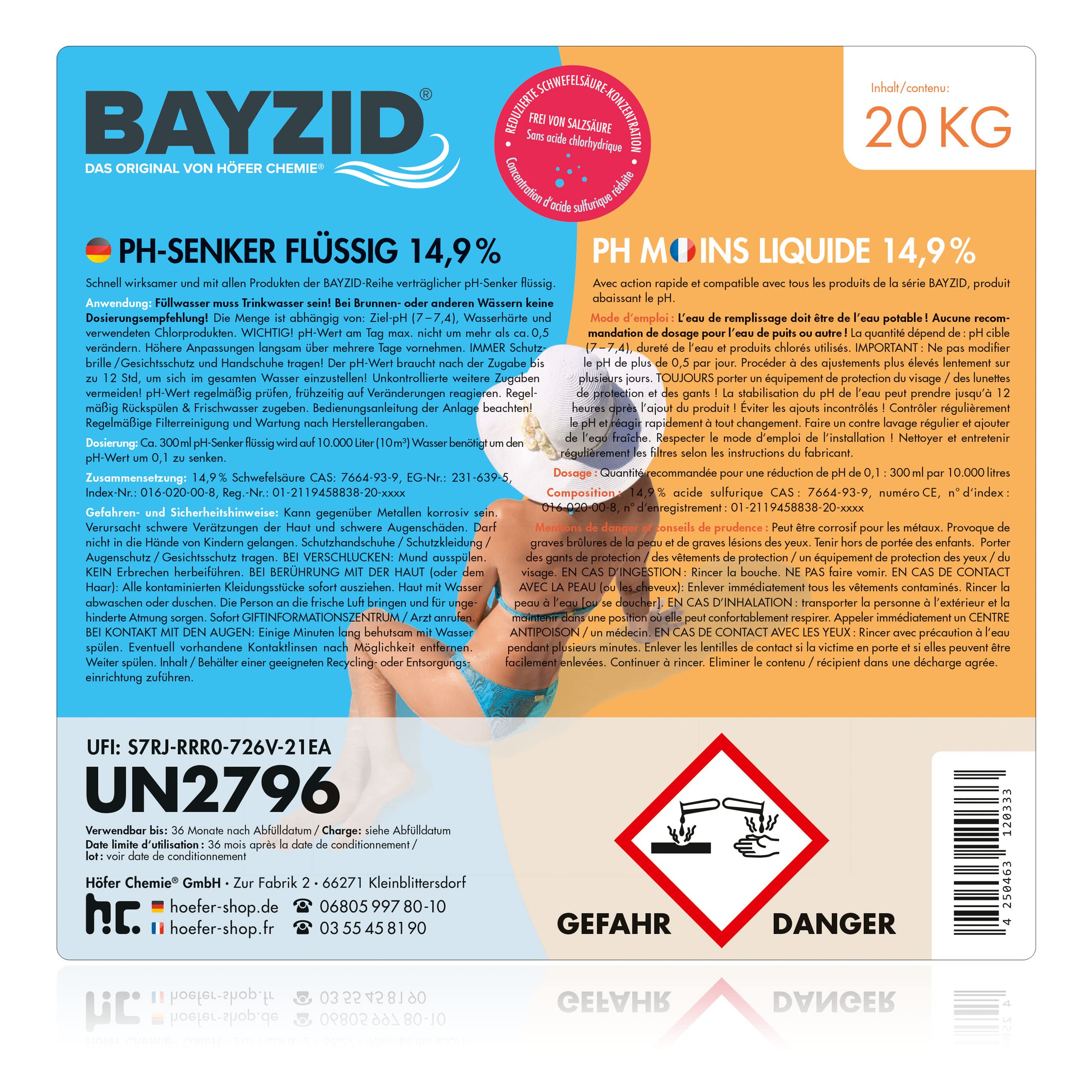 Bayzid pH Moins Liquide 14,9% 1 x 20 Kg Abaisseur de pH pour Piscine