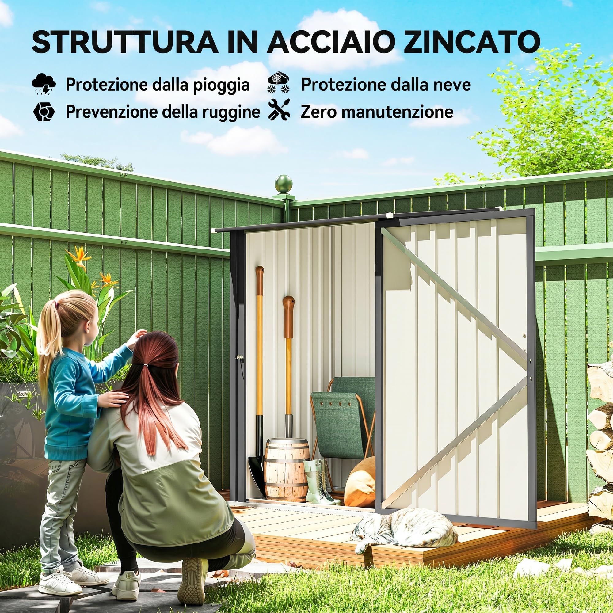 Outsunny Casetta da Giardino 0.92m² in Acciaio Zincato, Capanno Porta Attrezzi con Porta Battente Bloccabile, Tetto Inclinato, 100x104x160 cm, Grigio Scuro