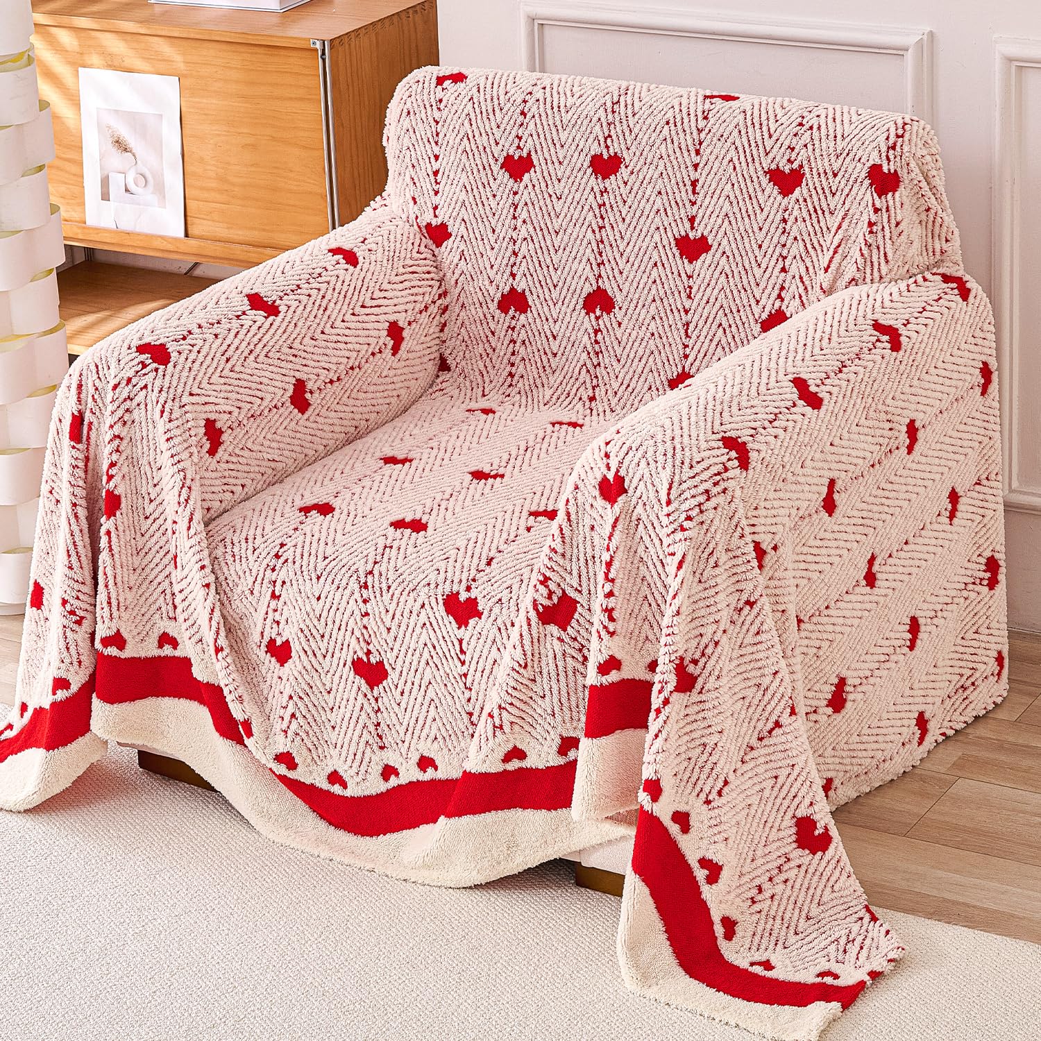 HOKIPO Luxury Plush Sofa Cover Throw for 1 Seater Sofa | Soft Sofa Throw for Complete Sofa Protection, 'Cozy Heart Series' Cherry Cream (180x180 cm) (AR-6513-RED)-image-12