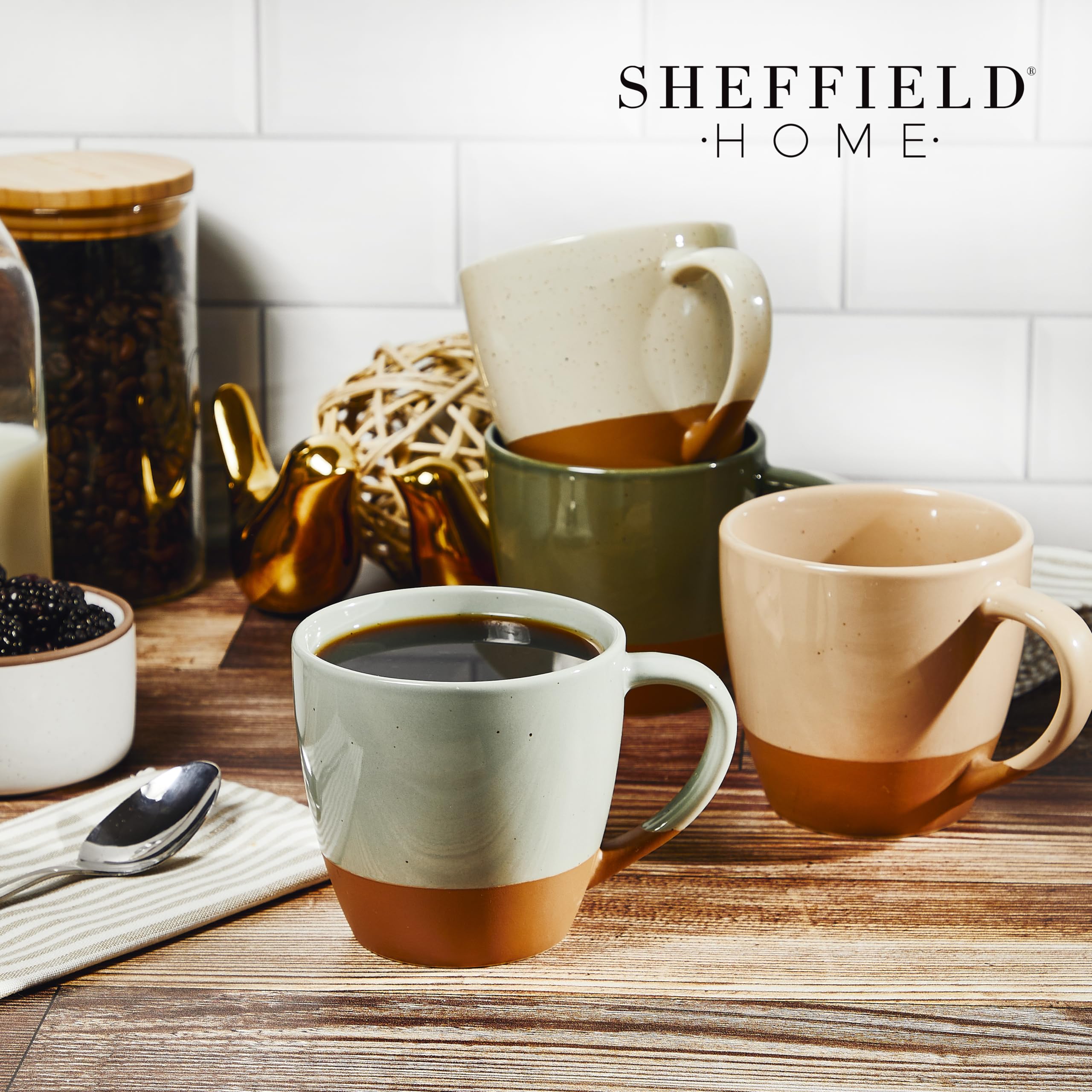 Sheffield Home - Juego de 4 tazas de café grandes de cerámica de 16 onzas con asas, aptas para lavavajillas y microondas, ideal para capuchino, espresso, latte, o té, varios colores neutros