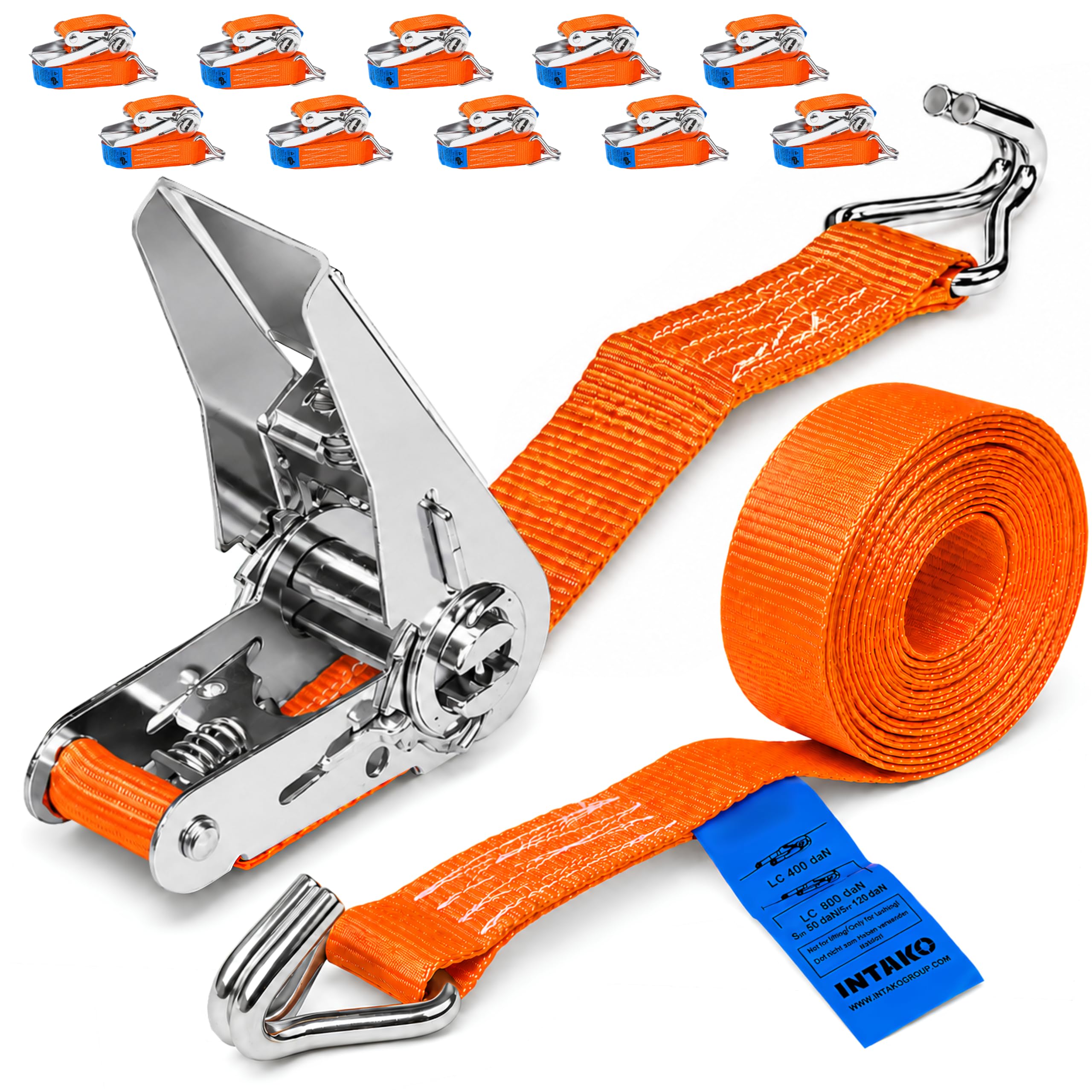 INTAKO Sangles d'Arrimage avec Cliquet 4m 25mm 800kg - Sangles de Serrage Durables et Réglables - Idéales pour Motos, Cargaisons, Remorques (Orange, 4m (Lot de 10))