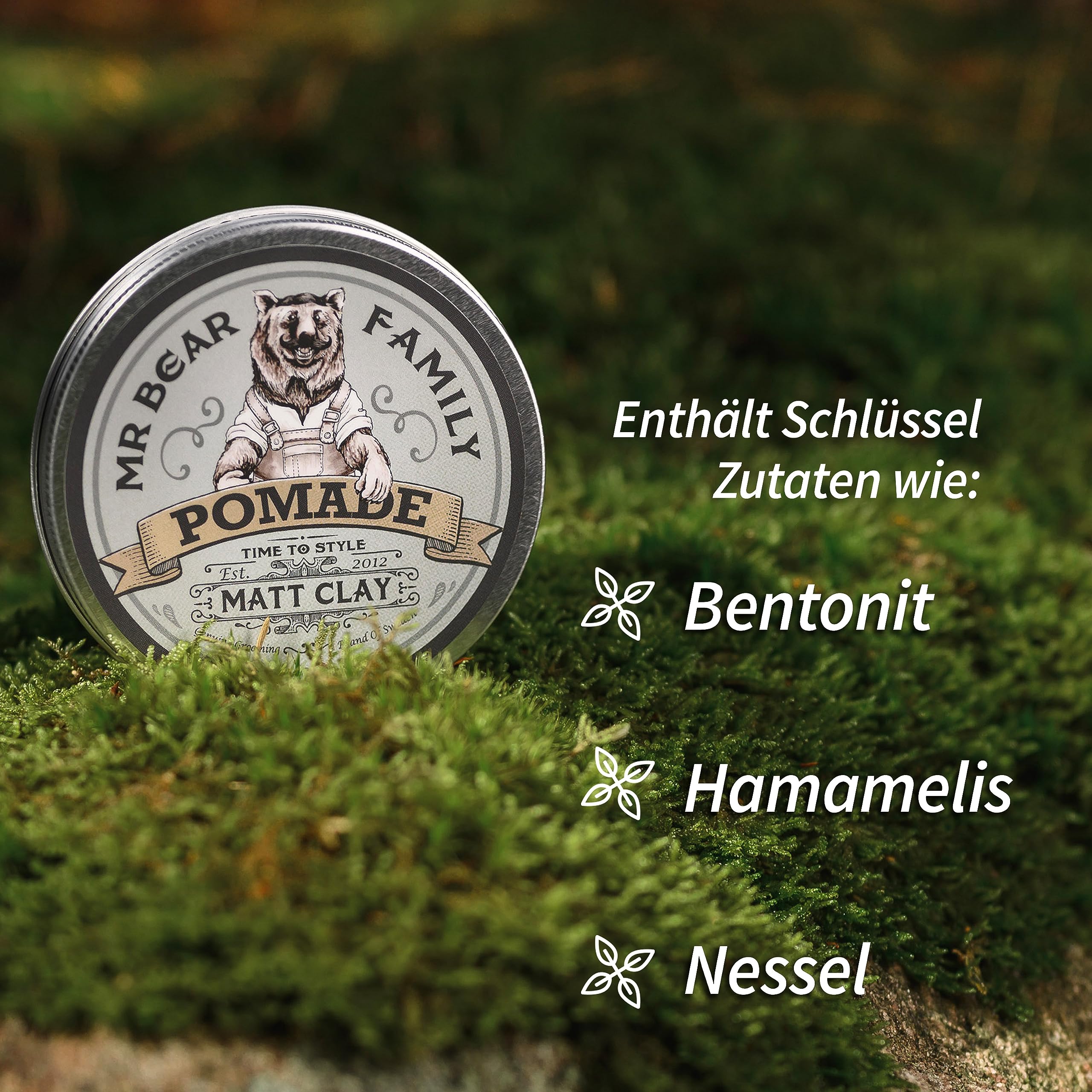 Mr Bear Family Matte Haar-Pomade für Männer – mittelstarker Halt auf Wasserbasis, enthält Volumen-Kaolin-Ton + Bentonit-Ton, nicht fettend, matte Pomade für effektive Kräuselbekämpfung, 100 ml