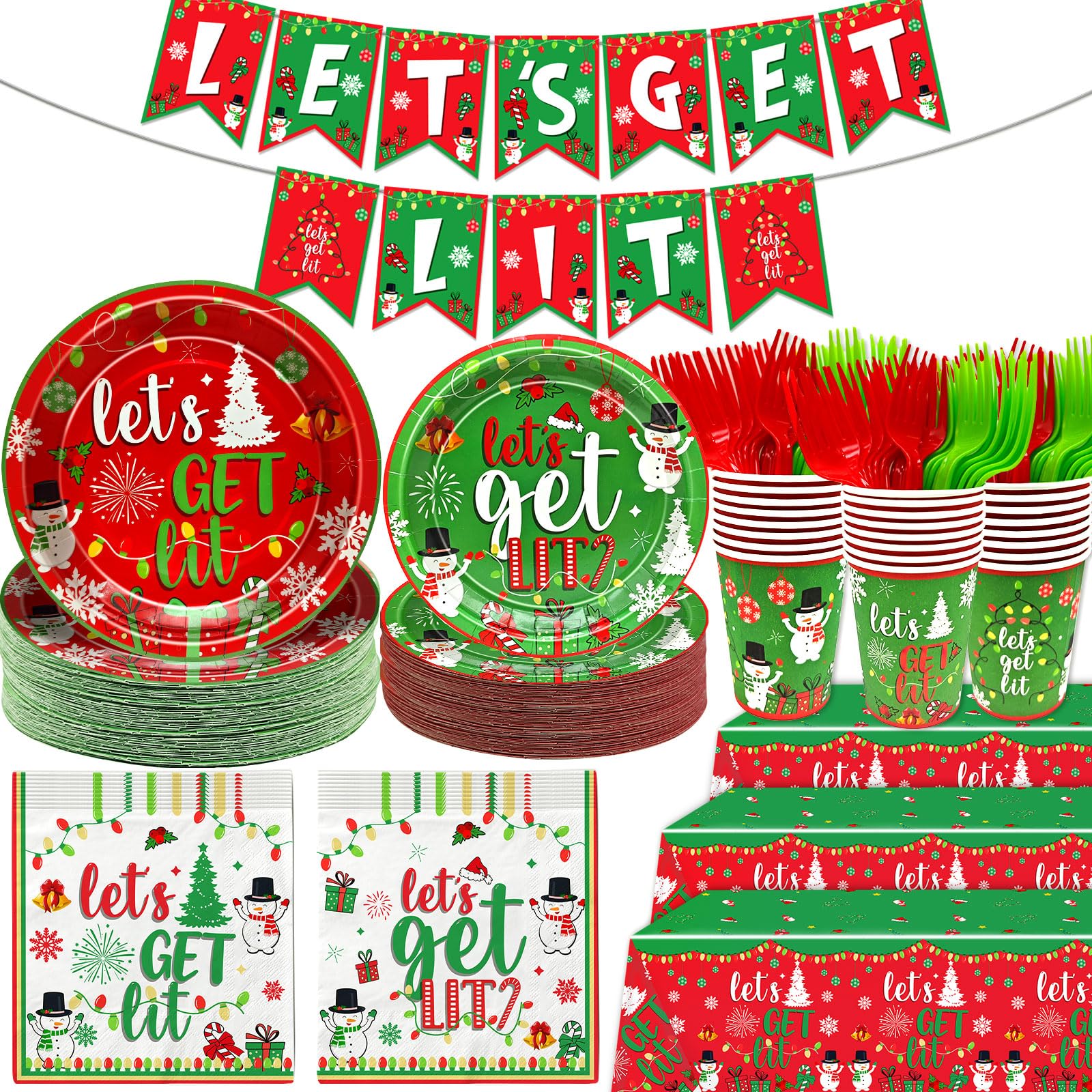 122 Pcs Let's Get Lit Christmas Party Decorations Christmas Party Supplies Tableware Set Let's Get Lit Plates and Napkins Tableware for Friendsmas Party for 24 Person