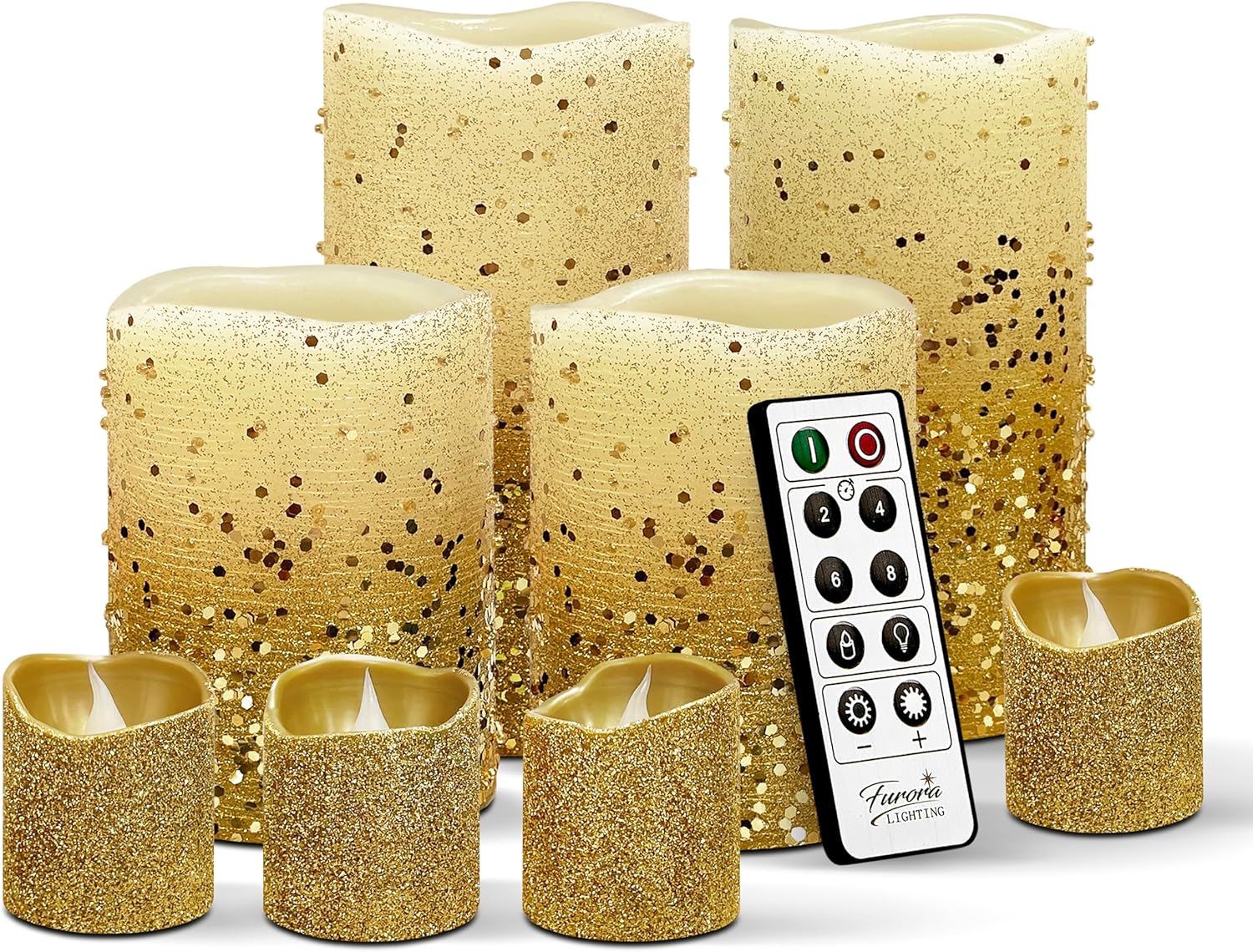 FURORA LIGHTING Gold Glitter LED Candles with Remote and Timer, 4 Pillars and 4 Votives Pack of 8, Real Wax Flameless Flickering Candles for Home Décor, Battery Included