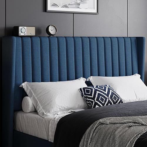 Miniatura 36 de Yaheetech - Base de cama matrimonial, plataforma tapizada con cabecera de borde ala, base de colchón de tela capitoné cuadrada, soporte de listones