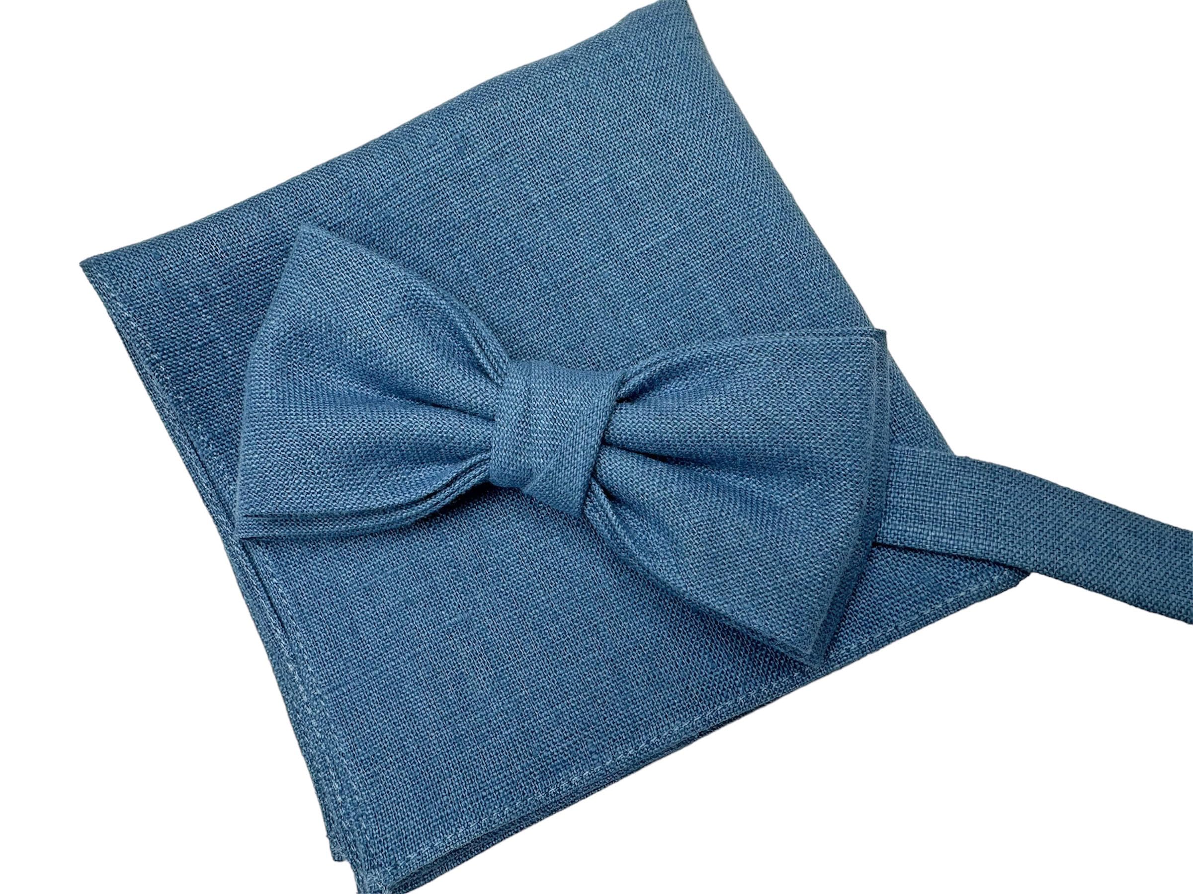 Leinen Fliege, Hosenträger, Einstecktuch für Herren, Voll Einstellbar, Viele Farben (DENIM BLAU 9Denim Blue), e) FLIEGE, HOSENTRÄGER und EINSTECKTUCH)