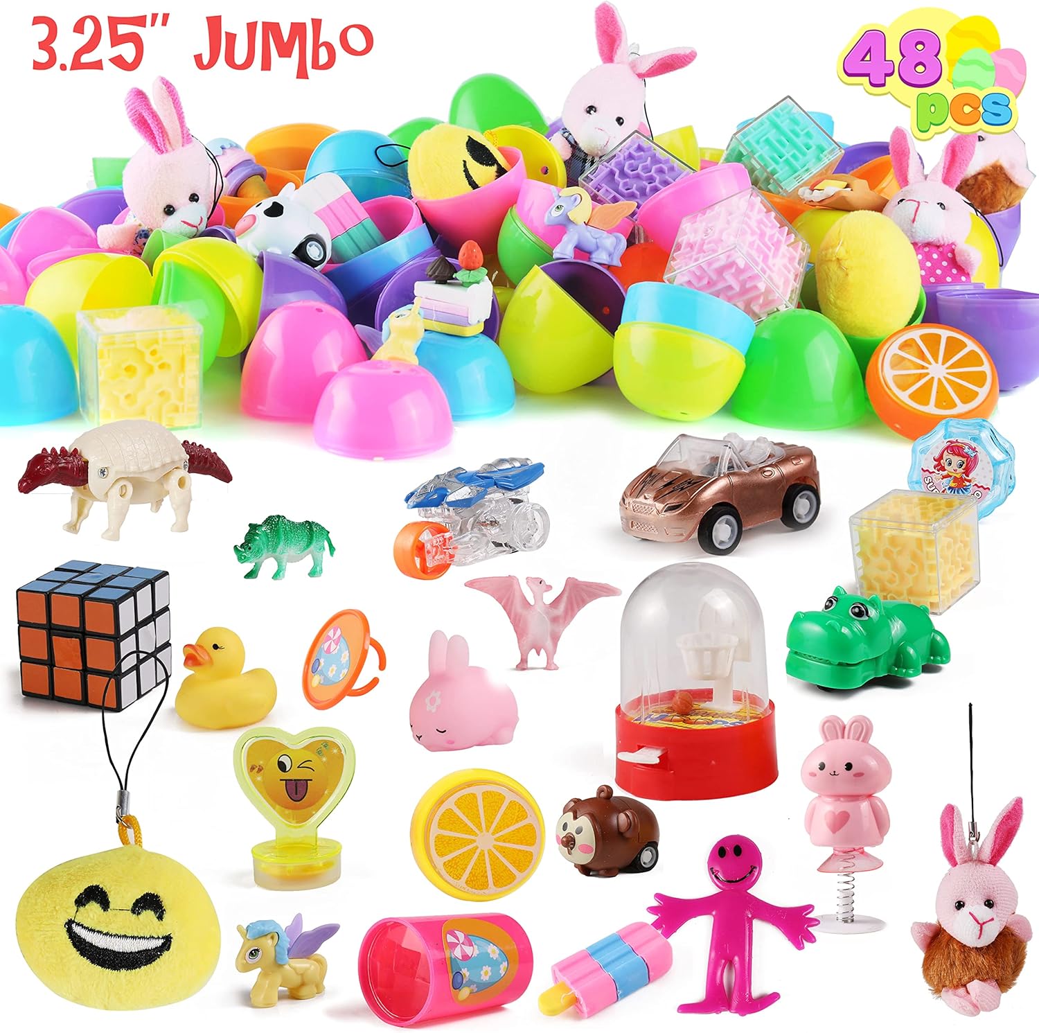 48 Pcs Toys Filled Jumbo Easter Eggs, 3.25” Pre Filled Bright Colors